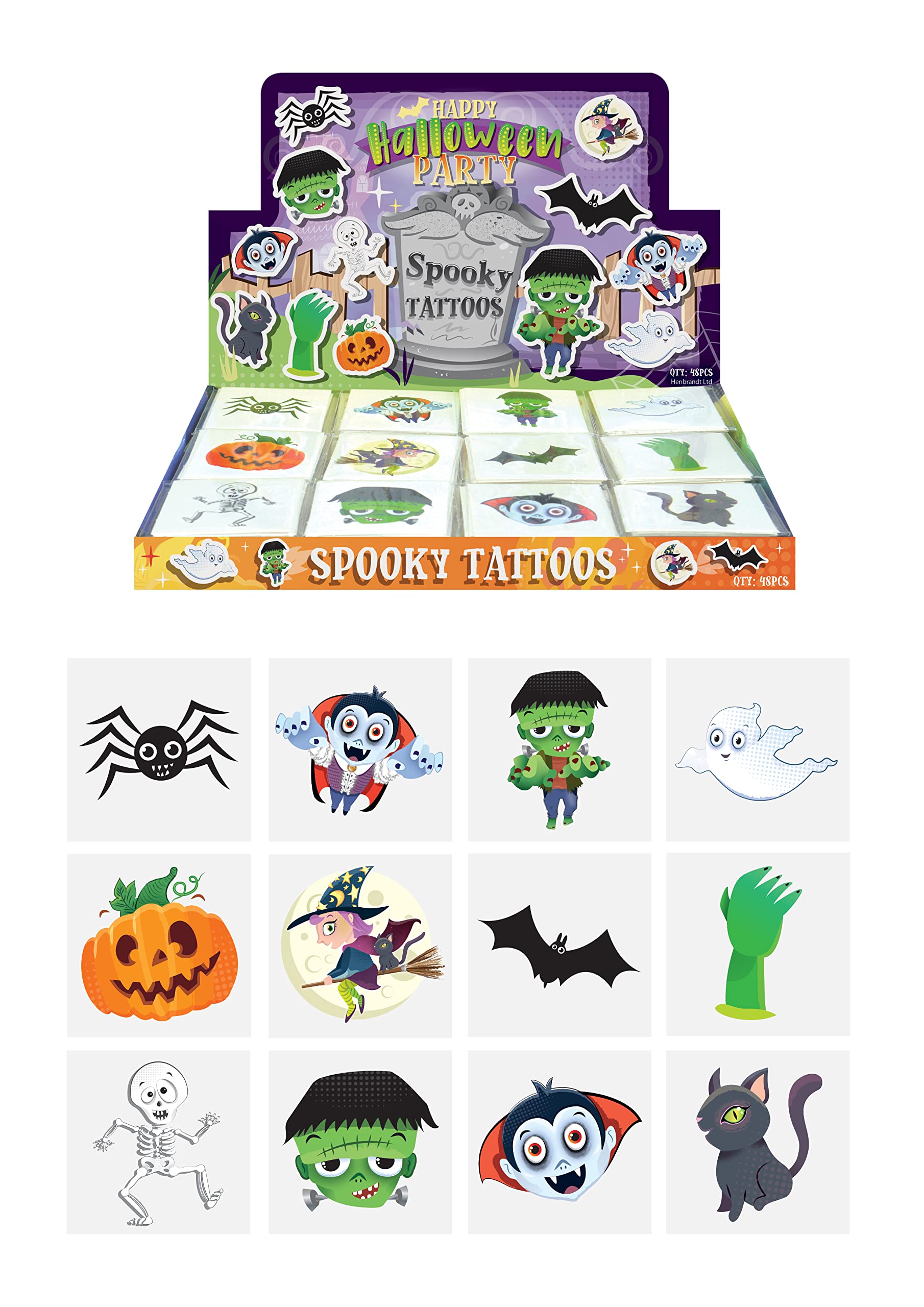 Henbrandt 48 x Mini Temporary Tattoos for Children 12pc Packs Kids Halloween Party Bag Favours Loot Bag Fillers Spooky Lucky Dip Trick or Treat Favours for Boys and Girls