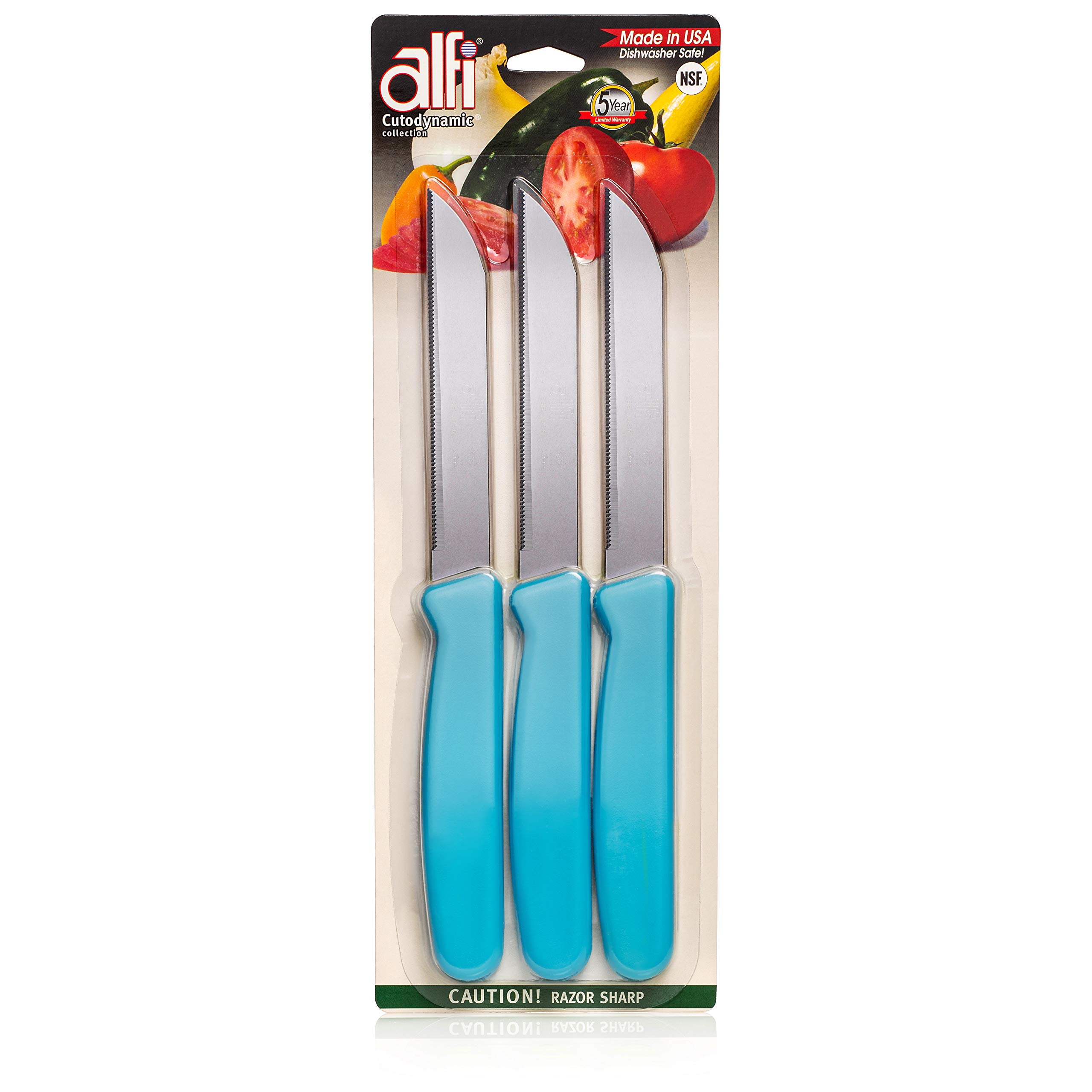 AlfiAll-Purpose Knives Aerospace Precision Pointed Tip - Home And Kitchen Supplies - Serrated Steak Knives Set | Made in USA (Bahama Blue)