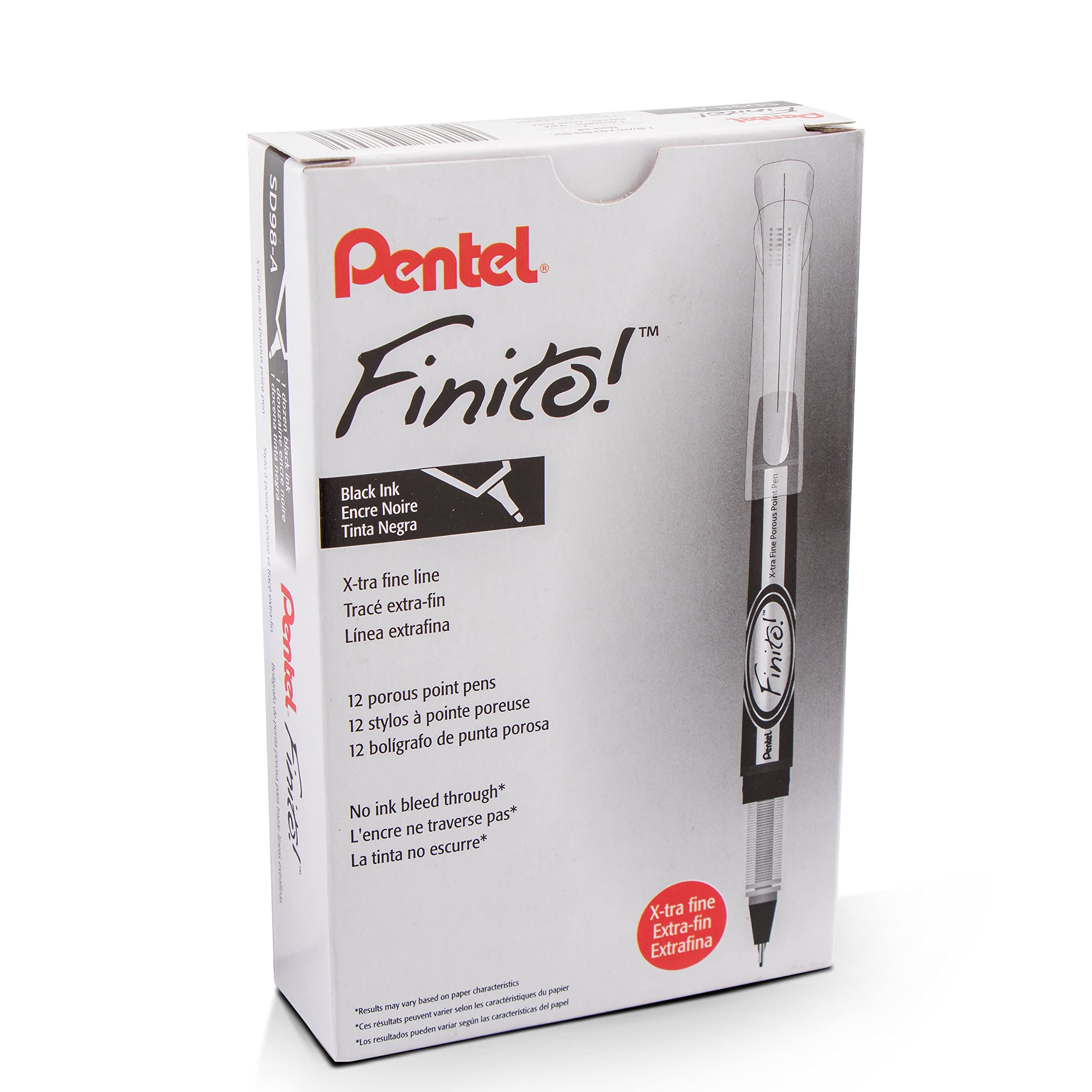 PentelFinito! Porous Point Pen, Extra Fine Point Tip, Black Ink, Box of 12 (SD98-A)