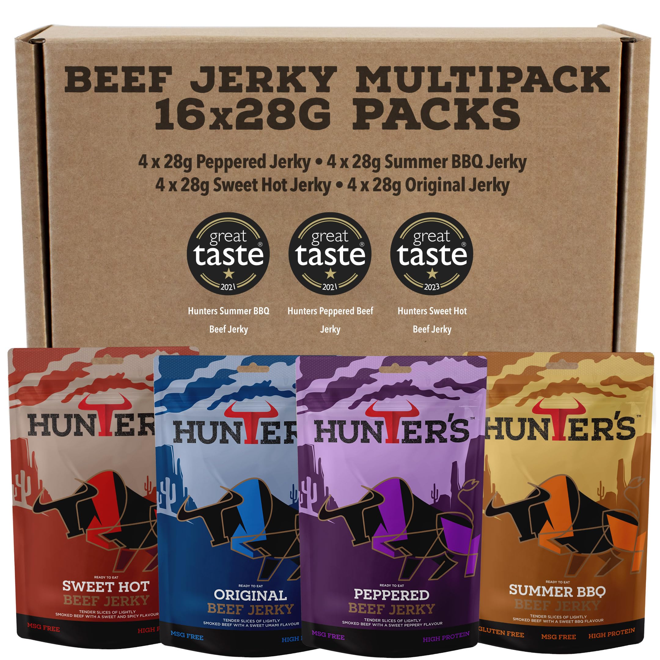 Hunters Beef Snack 16 Pack Variety Beef Jerky, 448g Mixed Flavours - Grass Fed Beef Jerky Snack - Beef Strips - High Protein Snacks - Carnivore Snacks - Low Calorie - Meat Snacks Beef Crisps