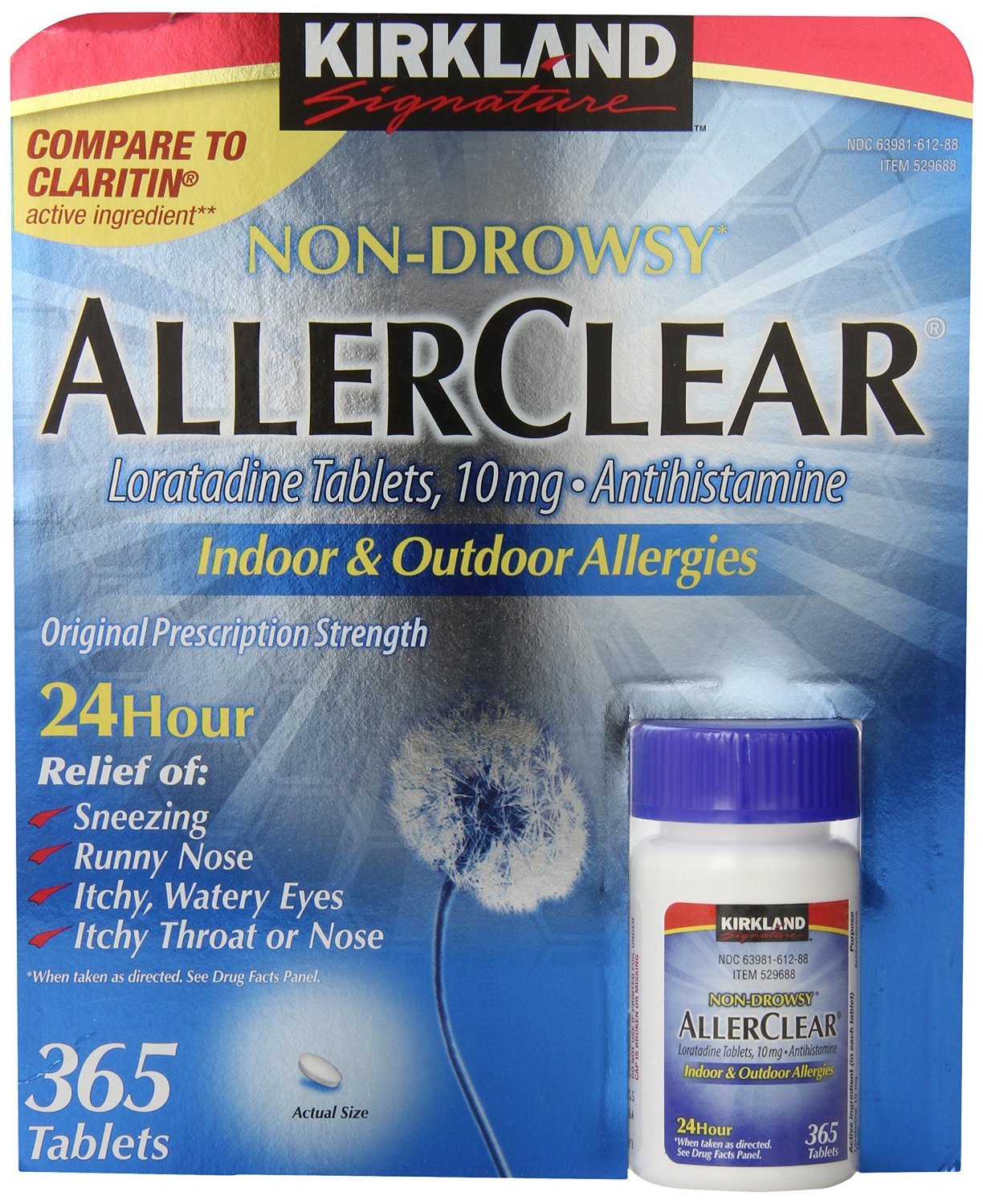 Kirkland Signature Non Drowsy Allerclear Loratadine Tablets, Antihistamine, 10mg, All New Mega Pack 1095-(10mg Tablets)