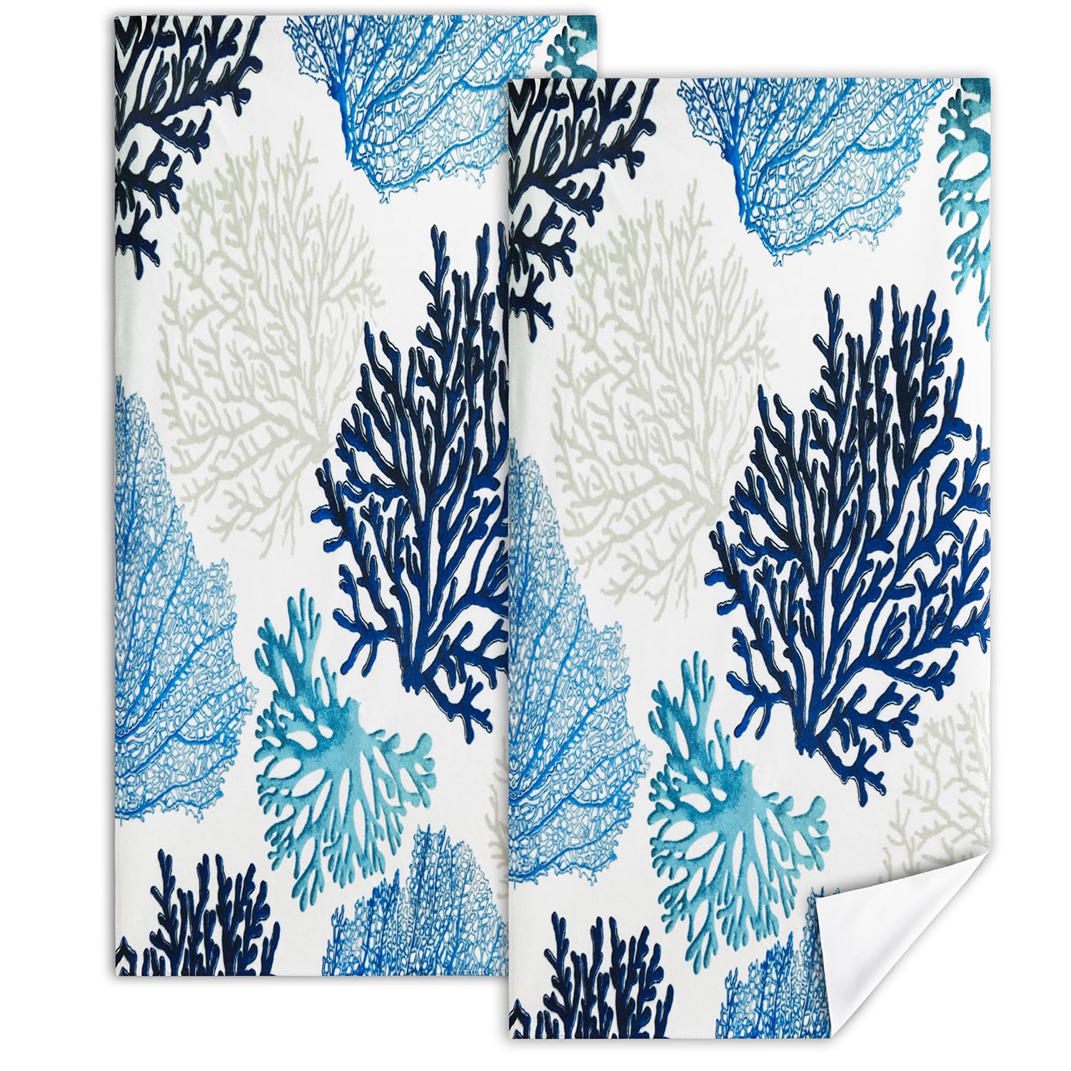 Imvertu Teal Blue Coral Hand Towels for Bathroom Kitchen Decorative Ultra Soft Absorbent Nautical Art Bathroom Kitchen Hand Towels Set of 2 Dish Towels for Home Decor (Blue Coral)