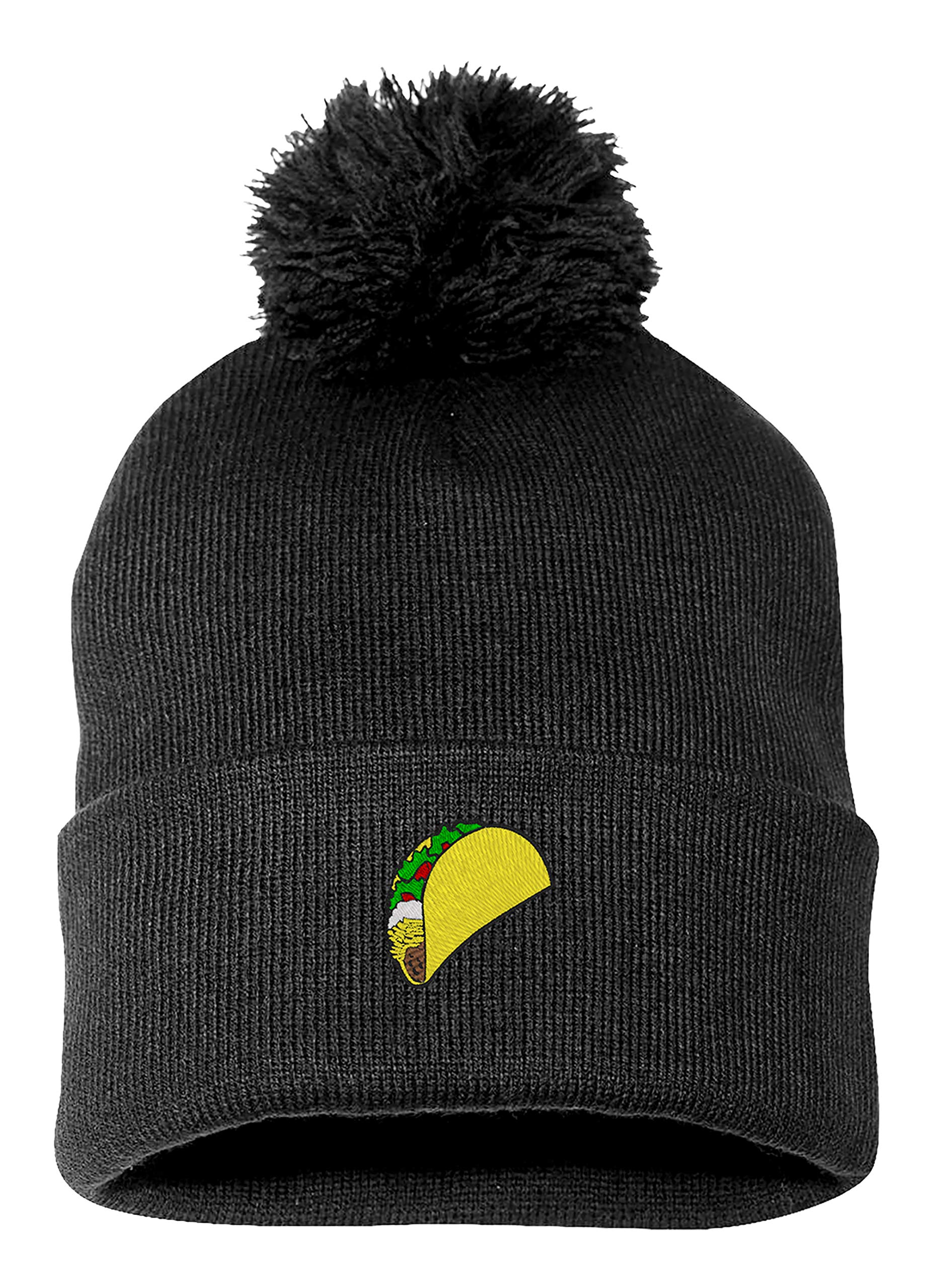 PP-BNE Embroidered Pom Pom Taco Beanie for Men and Women-EM-0017-Black