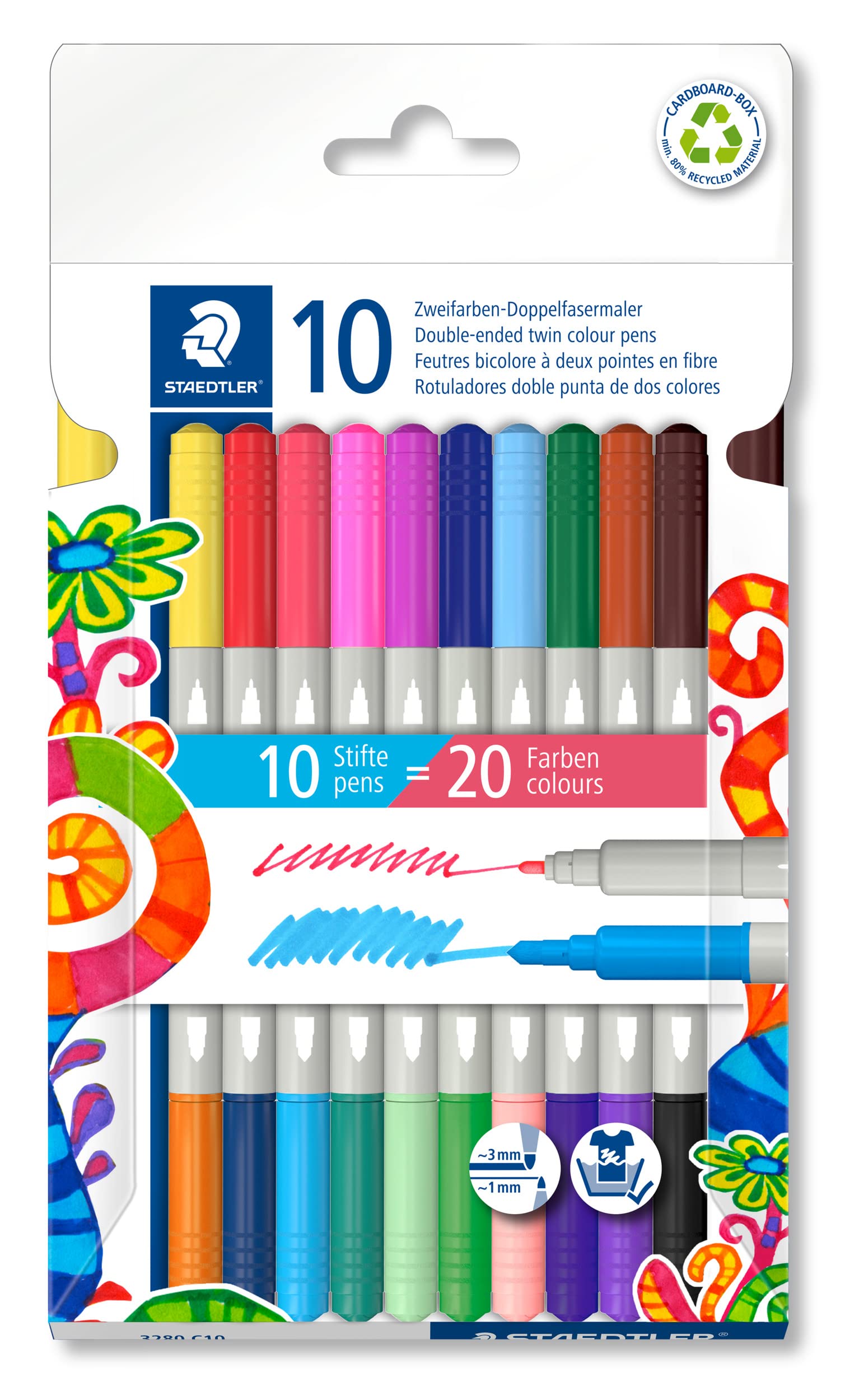 STAEDTLER3280 C10 Twin-Colour, Double-Ended Fibre-Tip Pens - 20 Assorted Colours (Pack of 10)