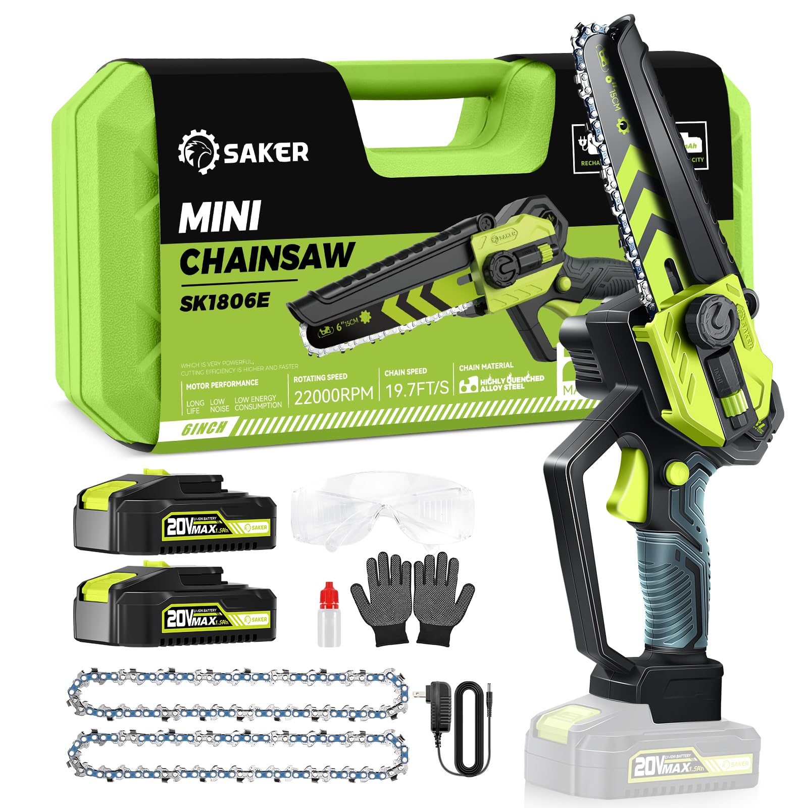 SakerMini Chainsaw|6 Inch Chainsaw[2024 Upgraded Motor]|Mini Cordless Electric Chain Saw|Small Handheld Portable Chainsaw Battery Powered Chain Saw for Tree Trimmer and Woodworking(2 Batteries)