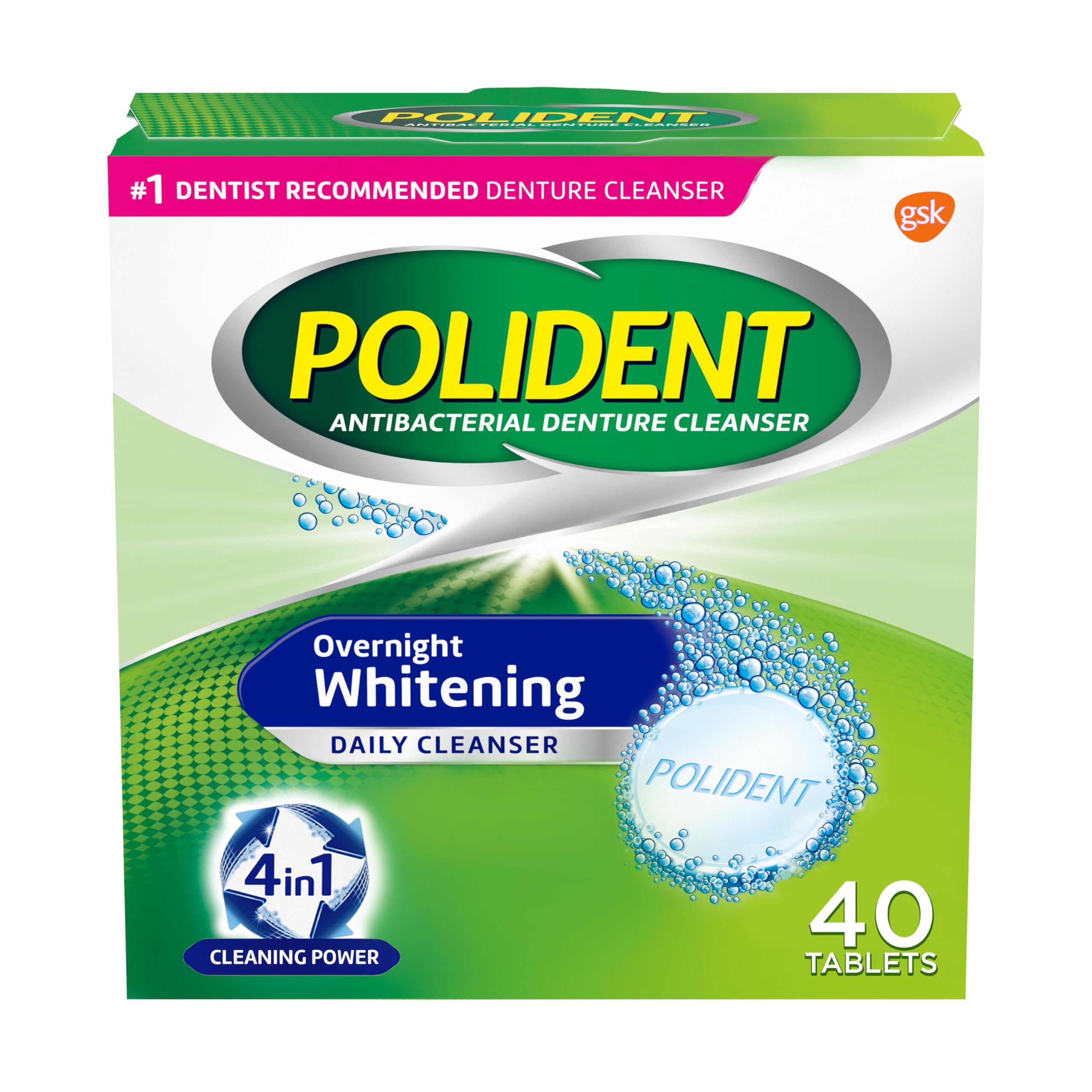 PolidentOvernight Whitening Denture Cleanser Effervescent Tablets, 40 count