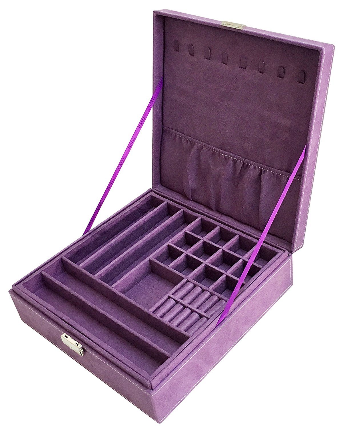 SodyneePurple Two-Layer Lint Jewelry Box Organizer Display Storage Case With Lock