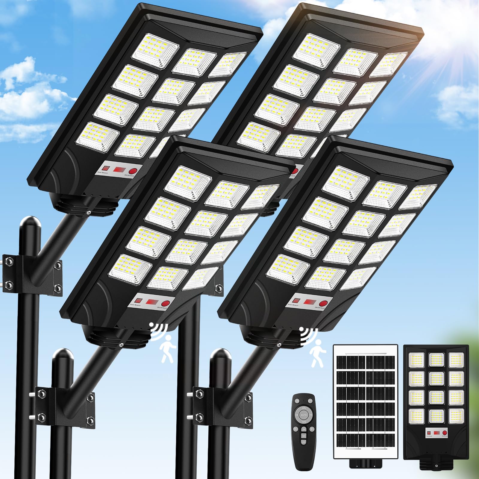 Solar Street Light Outdoor Waterproof, 20000LM 6500K Motion Sensor Solar Powered Light, Dusk to Dawn LED Solar Parking Lot Flood Light, Commercial Area Lighting for Outside, Yard, Garden, Path, 4-Pack