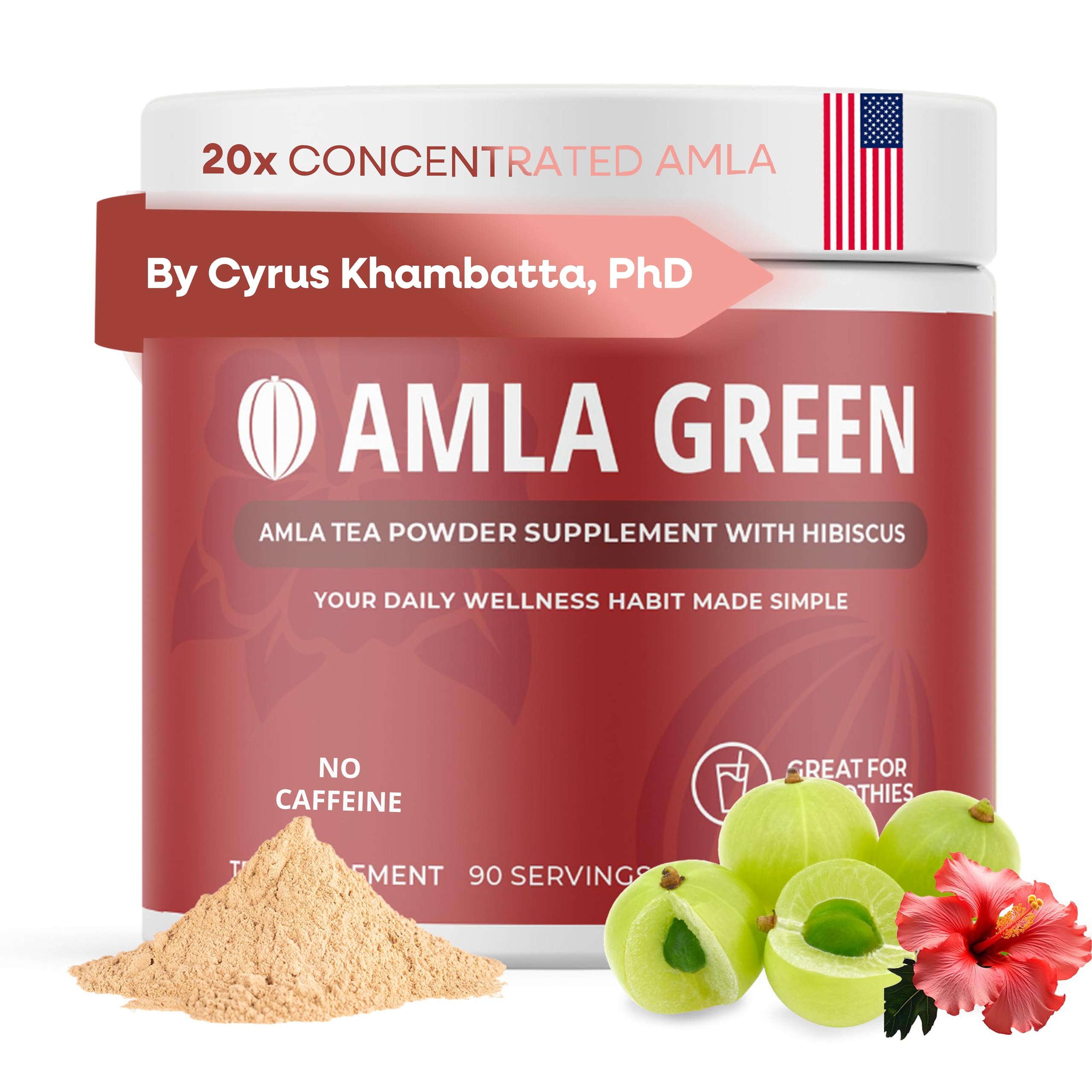 Amla Green Tea Superfood Powder Supplement, Daily Greens Antioxidant Blend with Organic Oolong Tea, 20x Concentrated Amla, Indian Gooseberries, Smooth Flavor, 90 Servings, Hibiscus