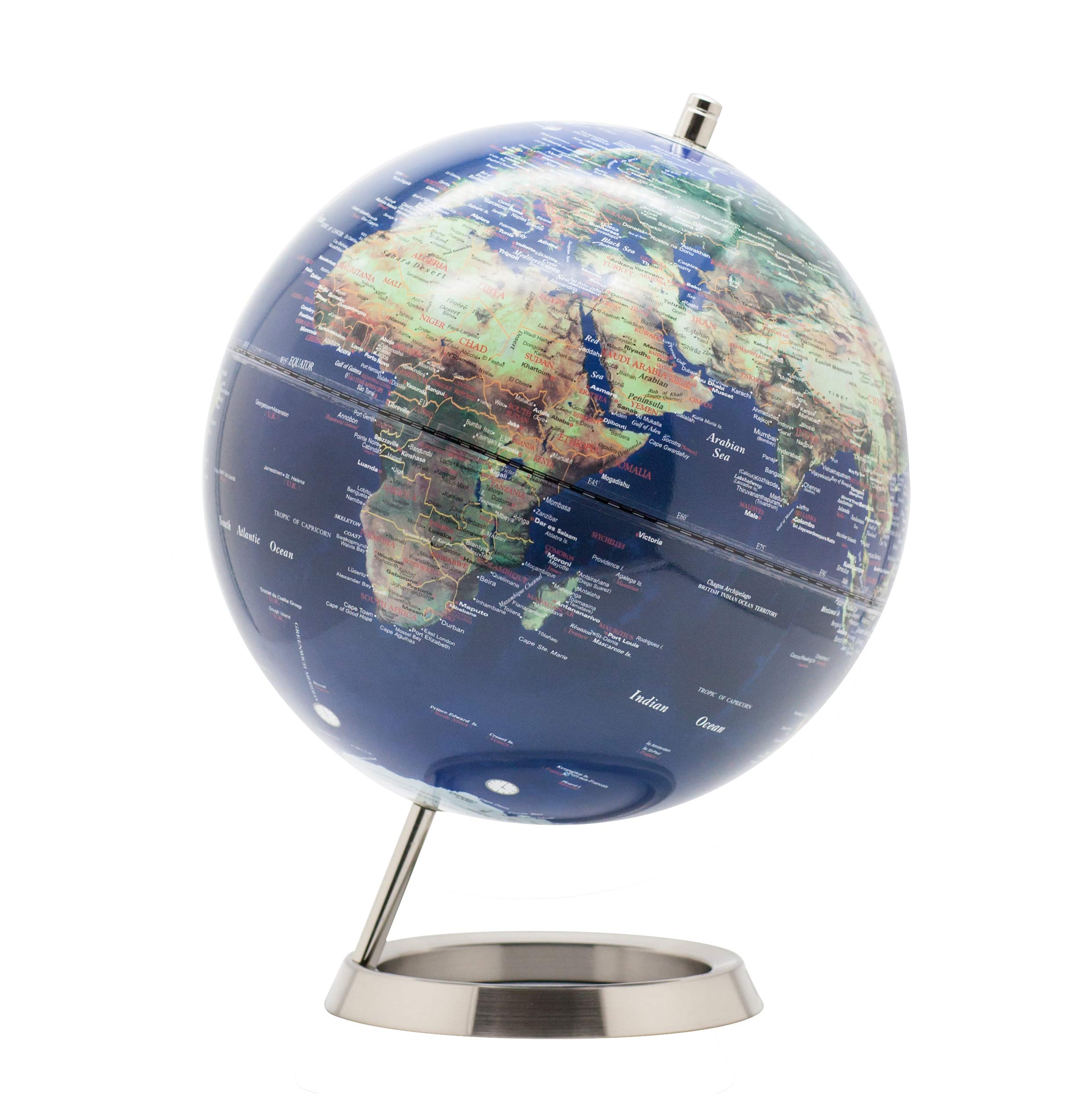 EXERZ 25cm World Globe - Stainless Steel Ring Standing - Globe of Earth - Metallic Colour Navy Blue