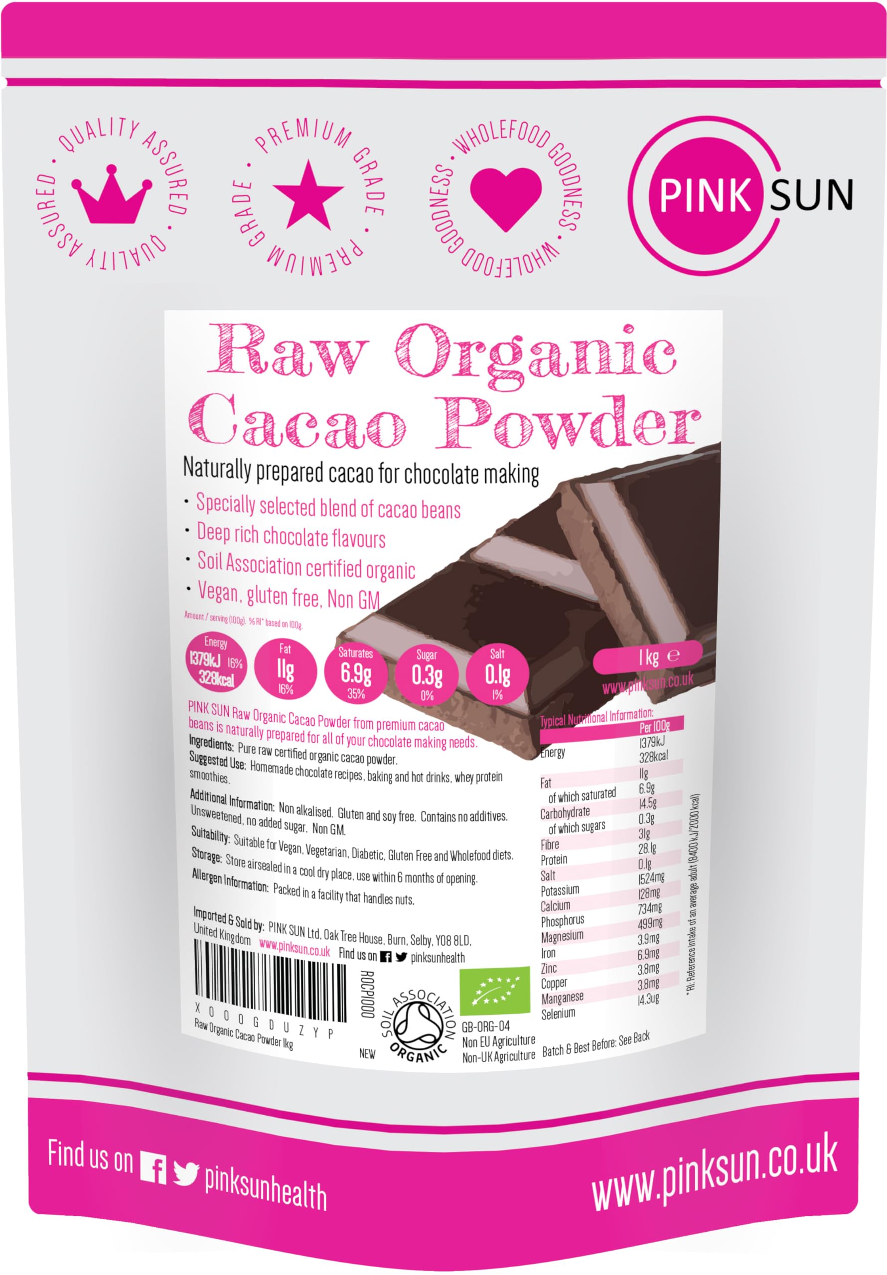 PINK SUN Raw Organic Cacao Powder 1kg Unsweetened Sugar Free Drinking Chocolate Natural Cocoa 1000g Bulk Buy