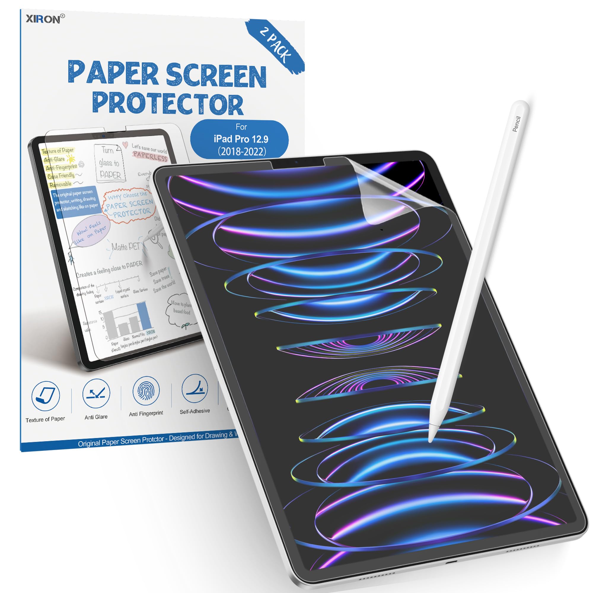 XIRON [2 PACK] Paper Screen Protector Compatible with iPad Pro 12.9 (2022&2021&2020&2018), High Touch Sensitivity No Glare for iPad Pro 12.9 Matte Screen Protector, Compatible with Apple Pencil