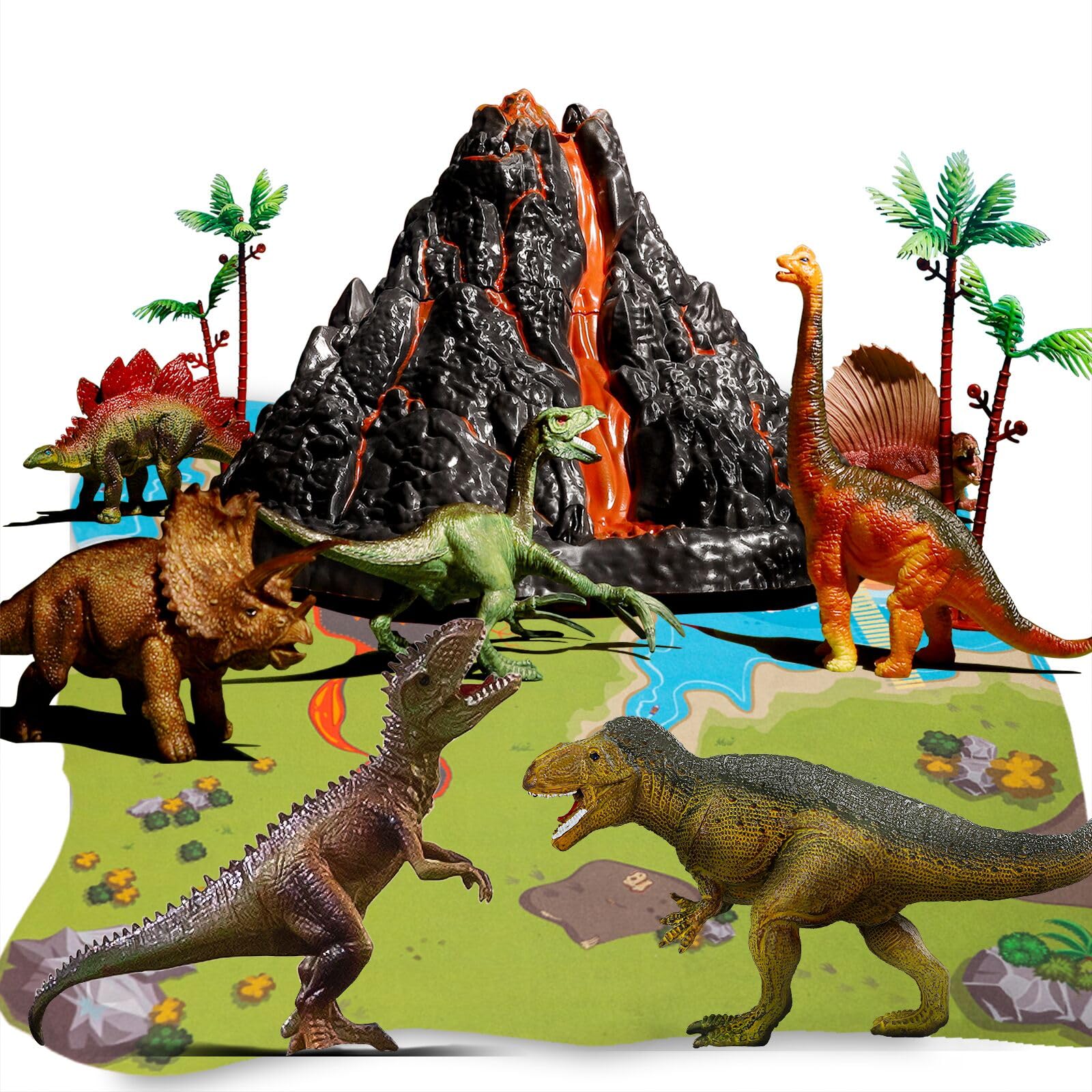 TEMI Dinosaur Toys with Simulation Volcano for Kids 3-5 Years, Realistic Dino Figures & Large Play Mat for Boys and Girls, Gift for Preschool Toddlers (Size 63x63 in)