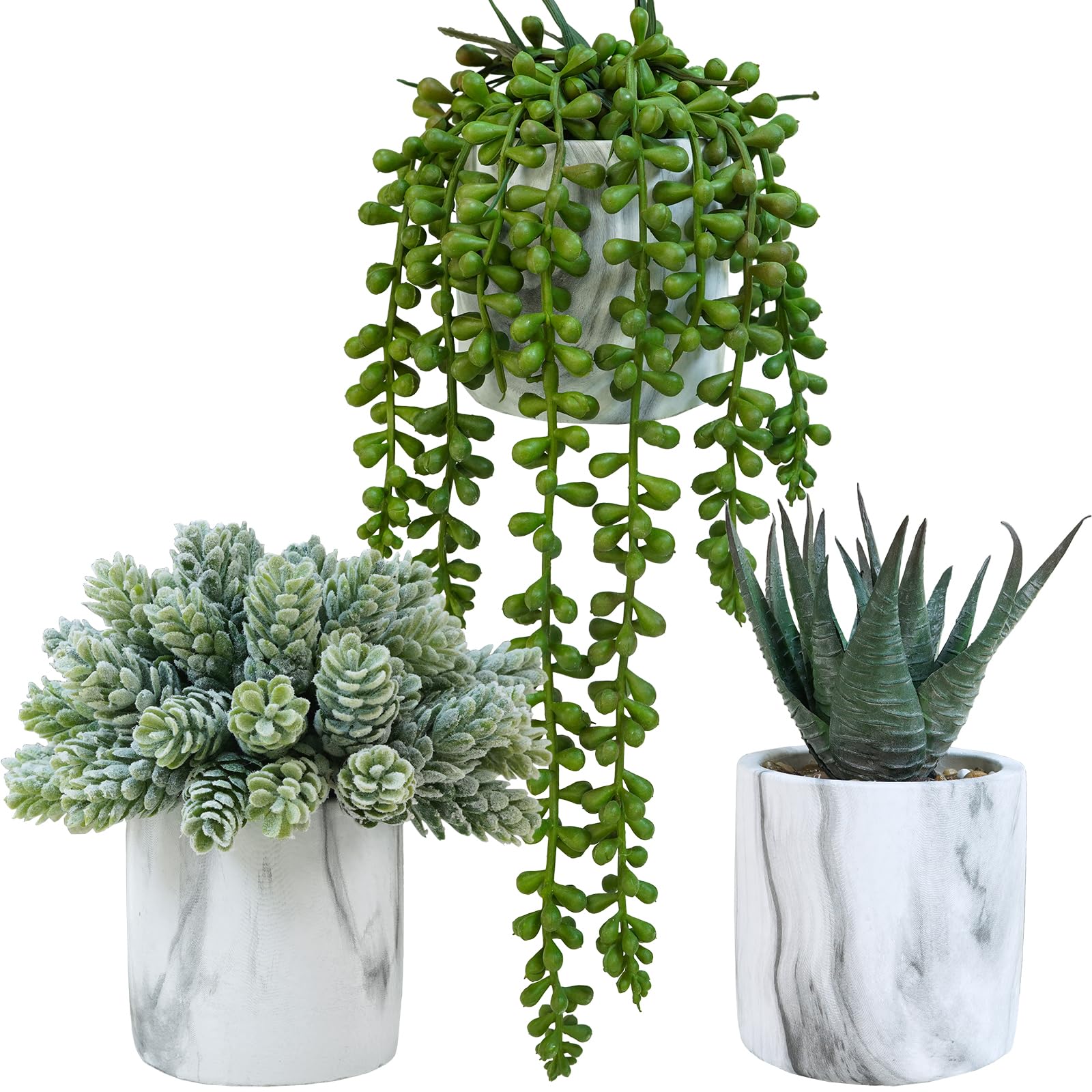 WinlynSet of 3 Small Artificial Succulent Potted Plants Fake Aloe Hops String of Pearls in Modern Marble Ceramic Planter for Home Garden Bathroom Shelf Office Desk Tabletop Indoor Outdoor Décor