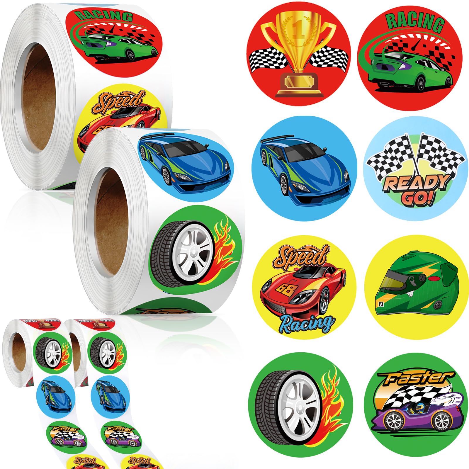 Sabary 500 Pcs Stickers and Decals Round Car Stickers Car Party Favors Car Gifts Labels for Kids Baby Shower Birthday Car Theme Decorations Supplies Photo Booth Props (Race Car)