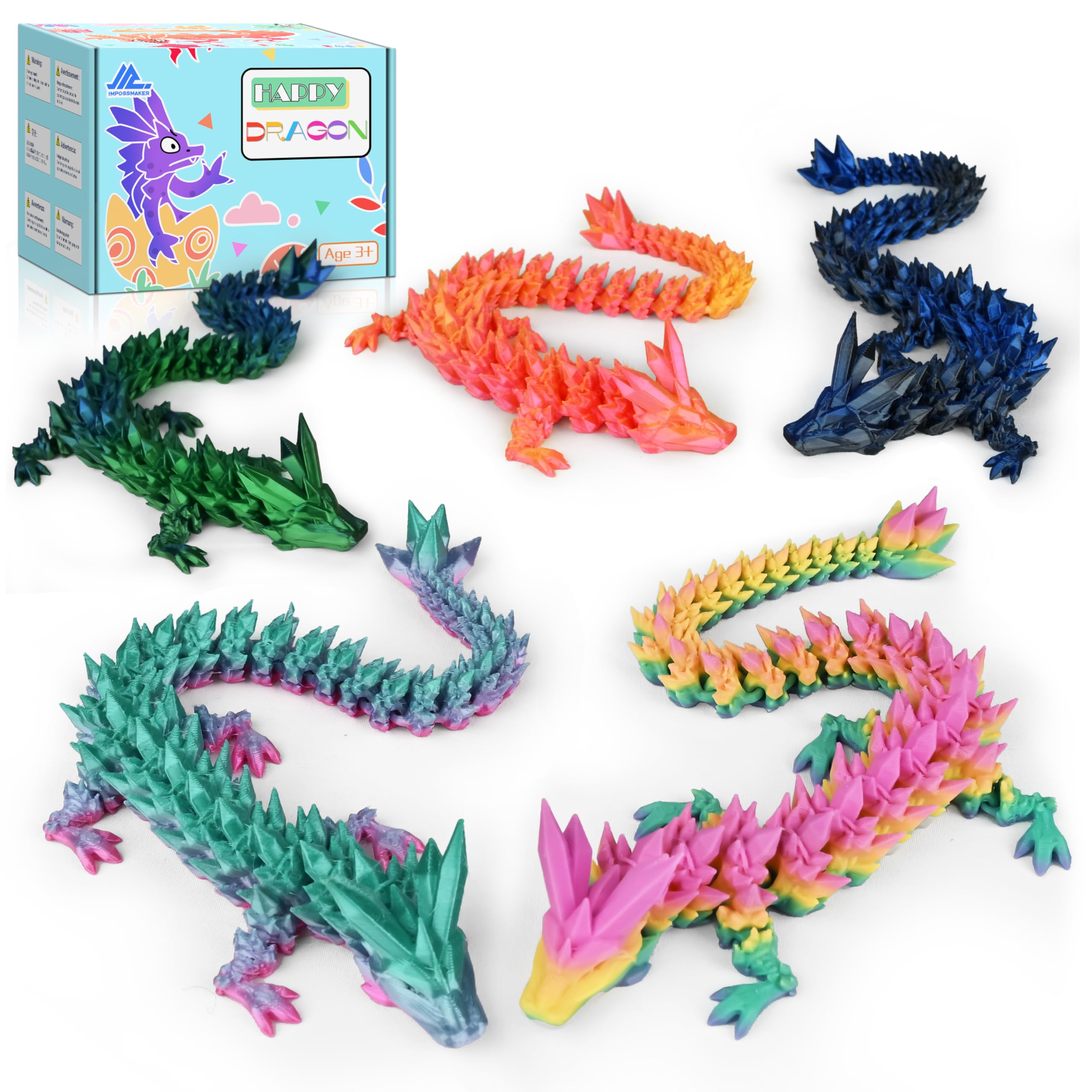 5PCS 12" 3D Printed Dragon Set Articulated Crystal Dragons Dragon Desk Toys, 3D Printed Animals Cool Unique Birthday Gifts for Teen Adult Novelty Christmas Stocking Stuffers Gadget for Men Boy