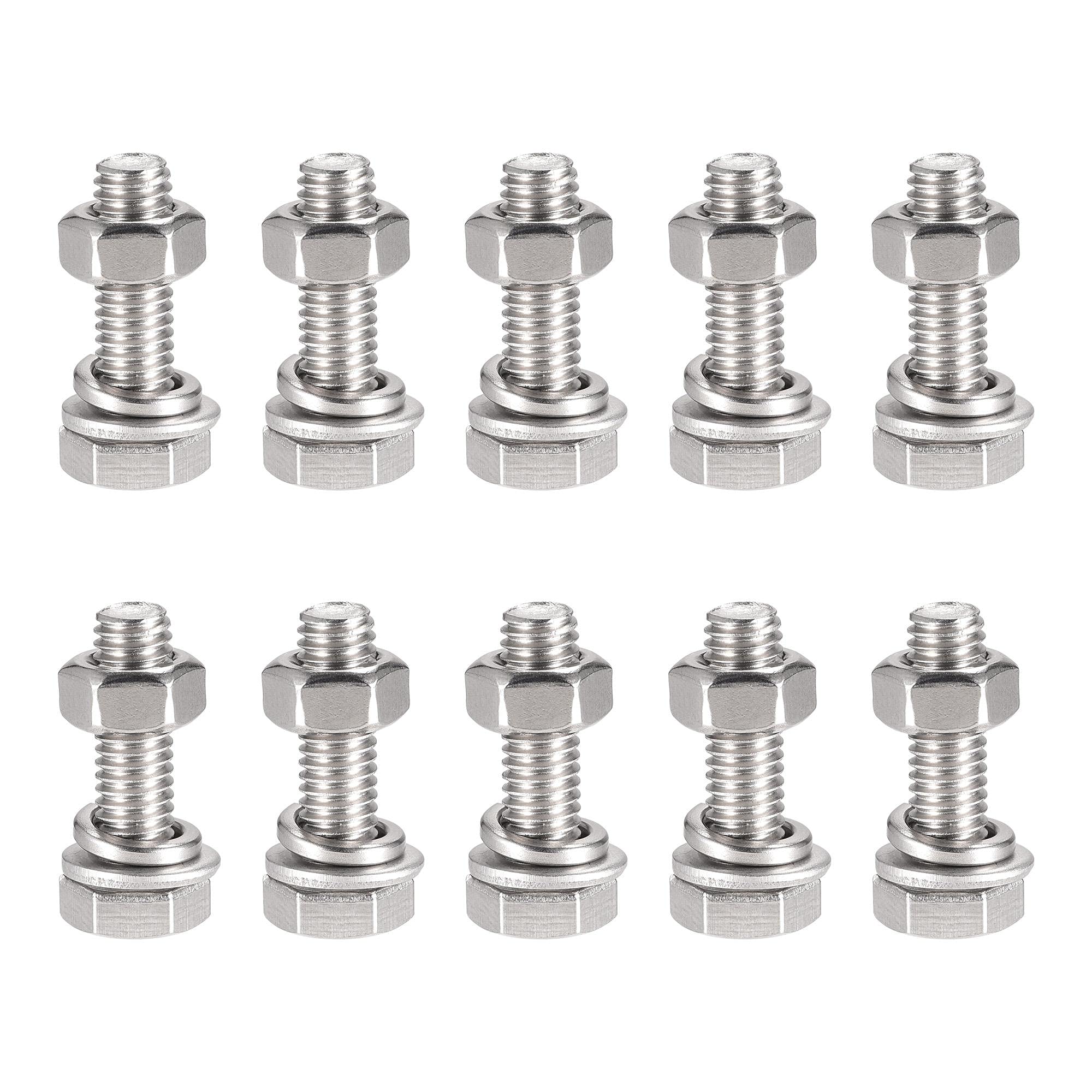 sourcing map M6 x 25mm Hex Head Screws Bolts, Nuts, Flat & Lock Washers Kits, 304 Stainless Steel Fully Thread Hexagon Bolts 10 Sets