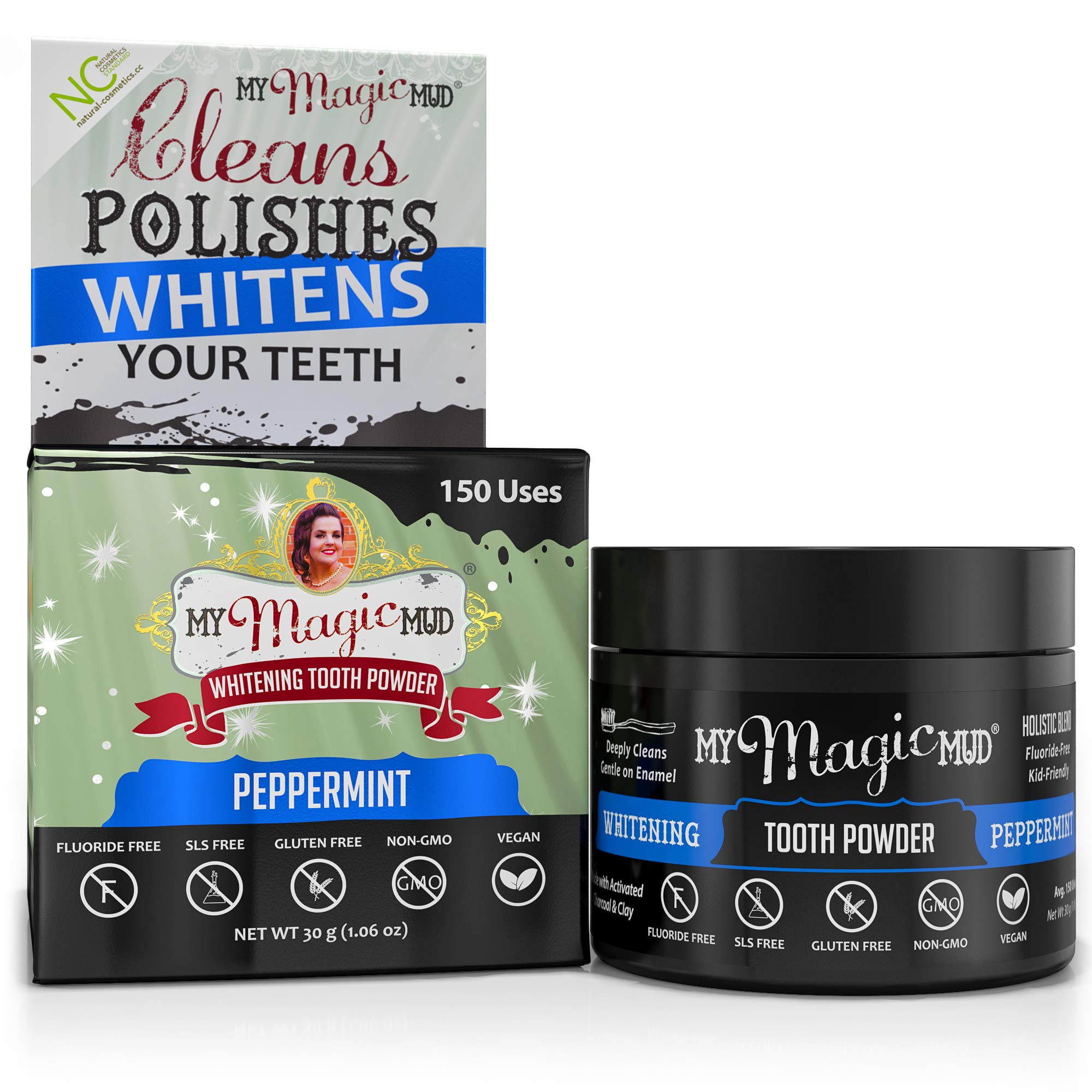 MY MAGIC MUD Whitening Tooth Powder, Polishing, Brightening, Charcoal, Peppermint - 1.06oz