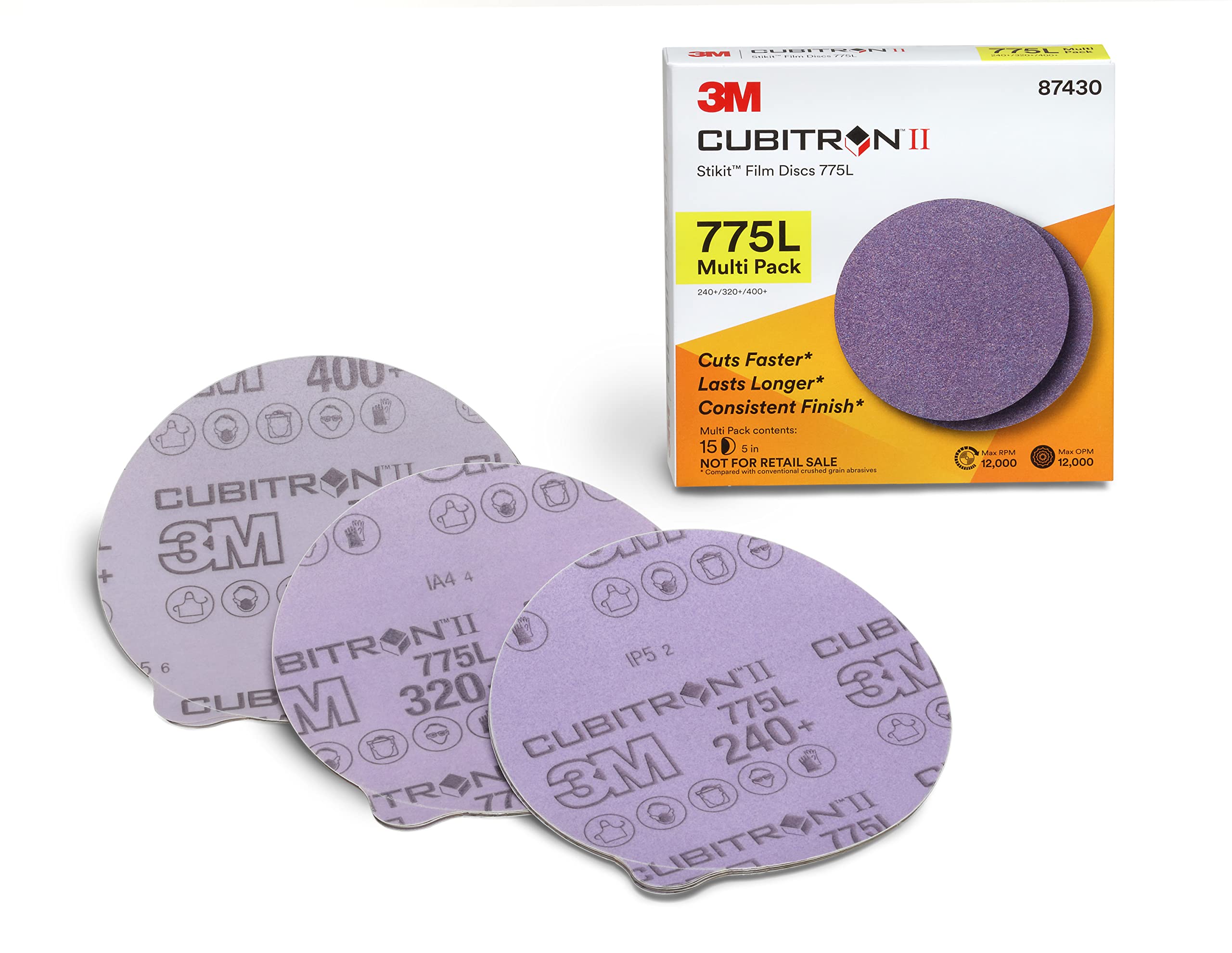 3M Cubitron II Stikit Disc 775L, 87430, Multi Pack, 5 in x NH, 240+, 320+, 400+ Coating Cut Cutting Angle Flute Purple