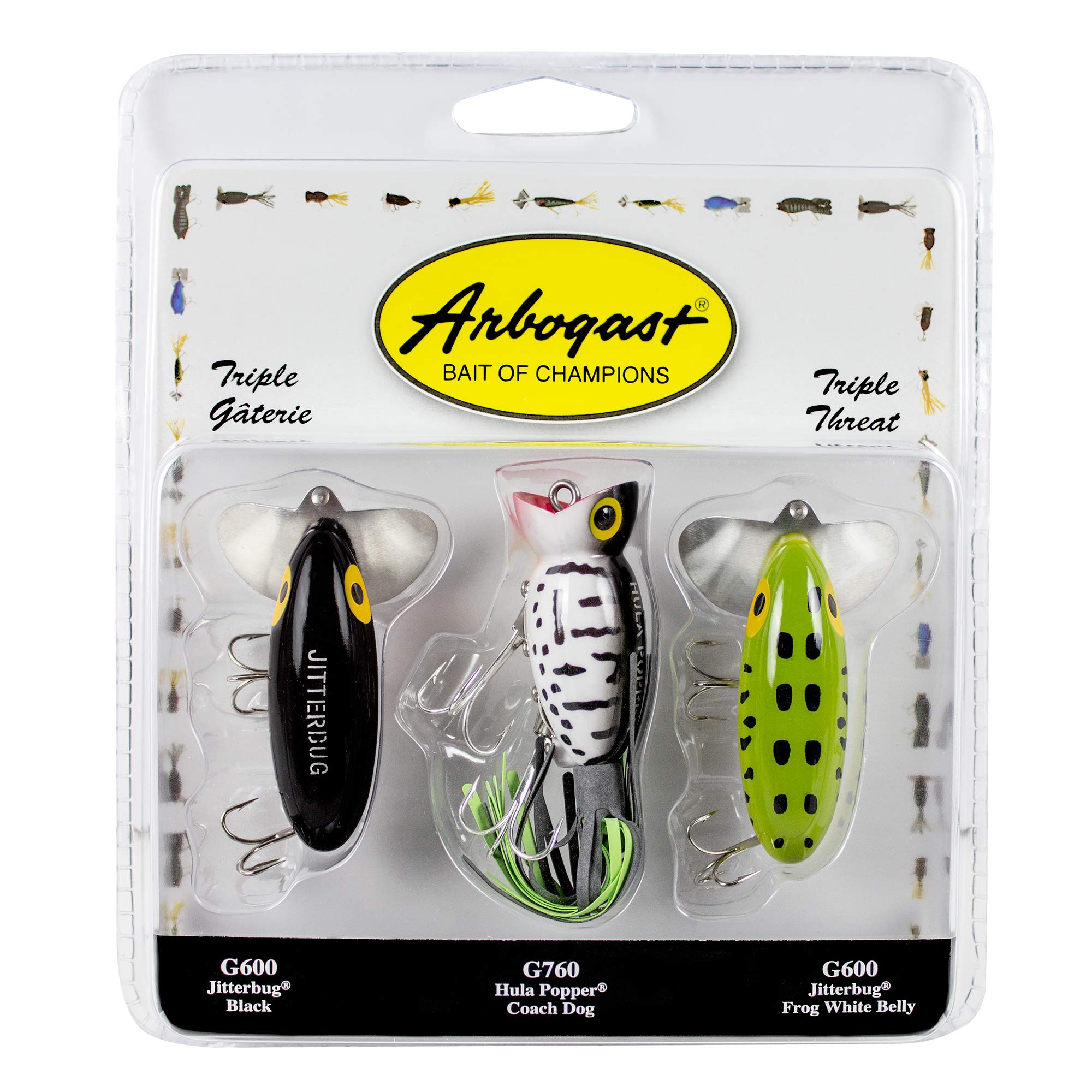 Arbogast Triple Threat Fishing Lure 3-Pack - Includes Jitterbug Lures and Hula Popper Lures