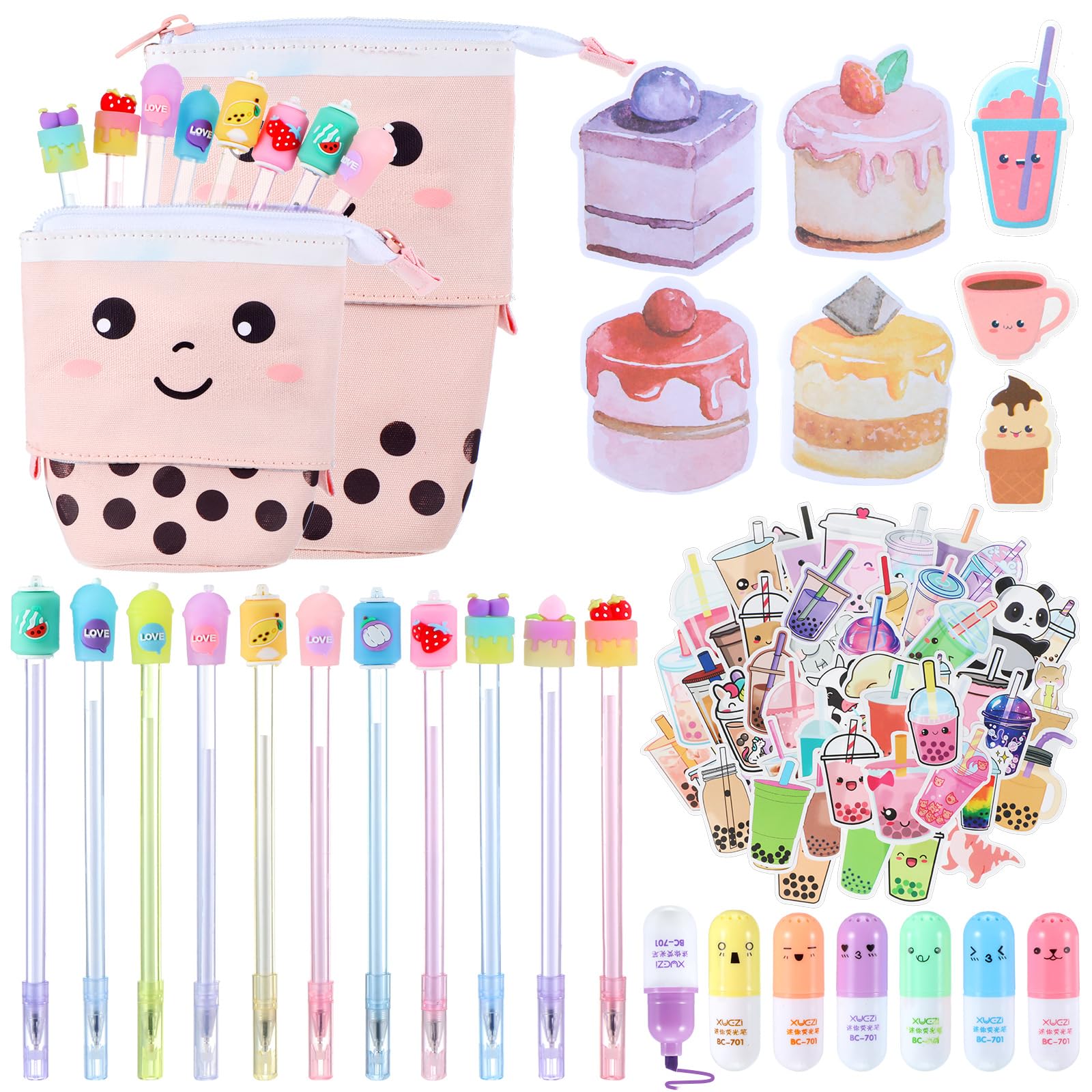 Sabary 228 Pcs Kawaii Stationary Set Include Telescopic Boba Pencil Pouch Case Bag Gel Ink Pen Sticky Note Bubble Tea Sticker Pill Highlighter Stationary Cute School Supplies for Christmas(Vivid)