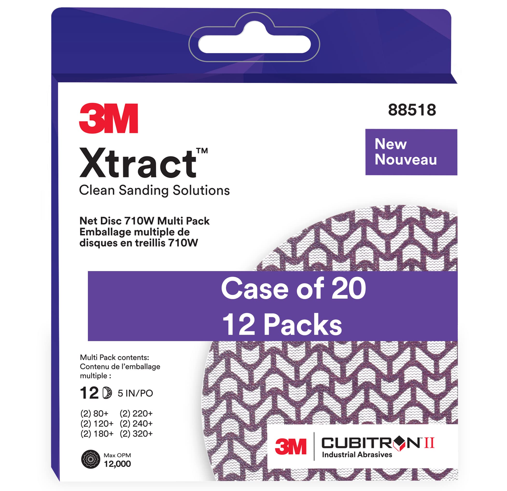 3MXtract Cubitron II Net Disc 710W, 5 in, 12 Piece Multi-Pack Hook and Loop Sanding Discs, 80+, 120+, 180+, 220+, 240+, 320+, Virtually Dust-Free, Assorted Grades, 88518, Case of 20,Purple