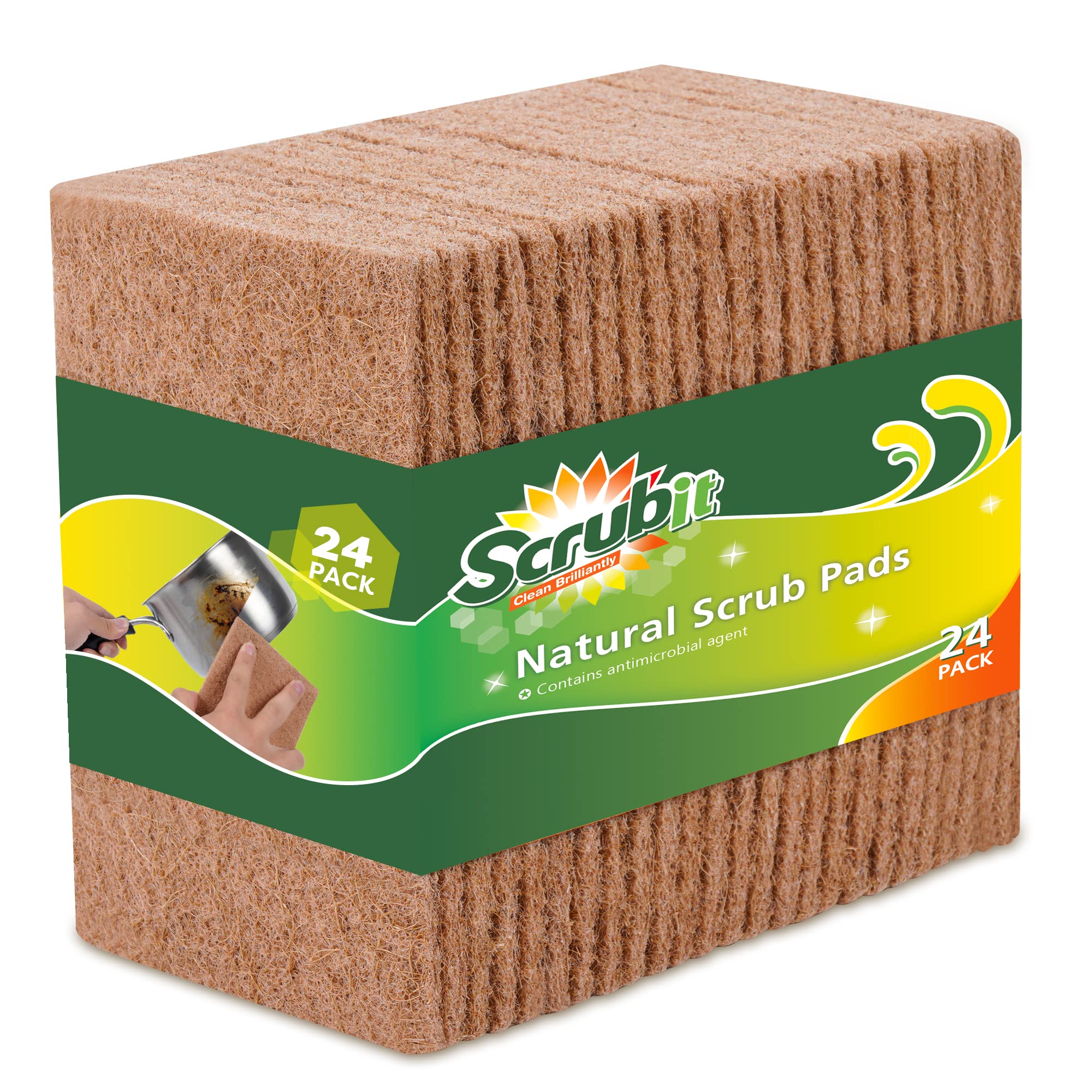 SCRUBIT Natural Scouring Pads (24 Pack) - Eco Friendly Scrubbing Pads for Kitchen Cleaning, Dishes, and Pots - Non-Scratch Kitchen Scrubbers - 100% Natural Sisal Fibers