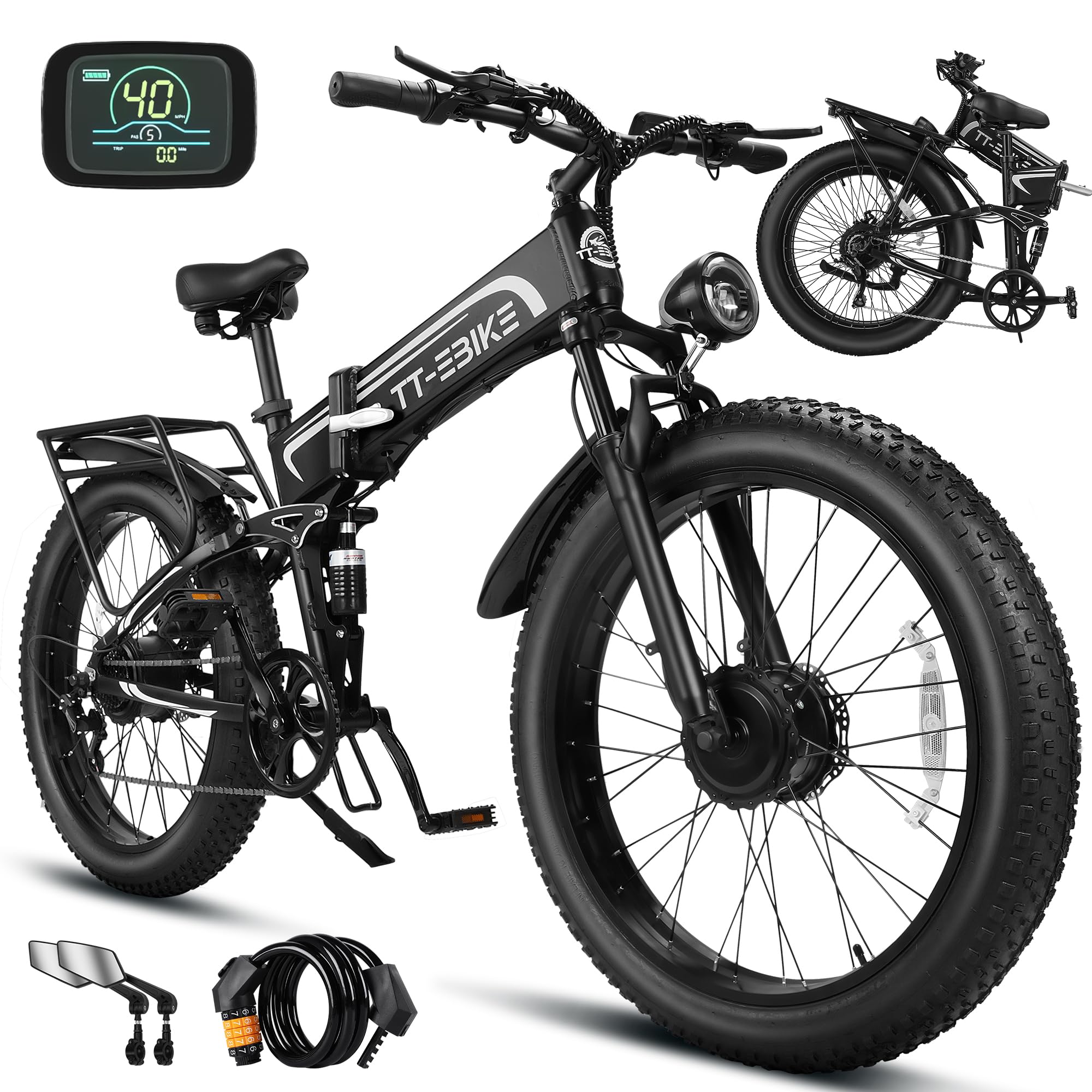 Dual:4350/3000W, 2000W Electric Bike Adults 40/34 MPH with 52/48V 28/23AH Battery, 26 inch Fat Tire Mountain E Bike, Full Suspension Folding Ebike, Shim 7-Speed Gear