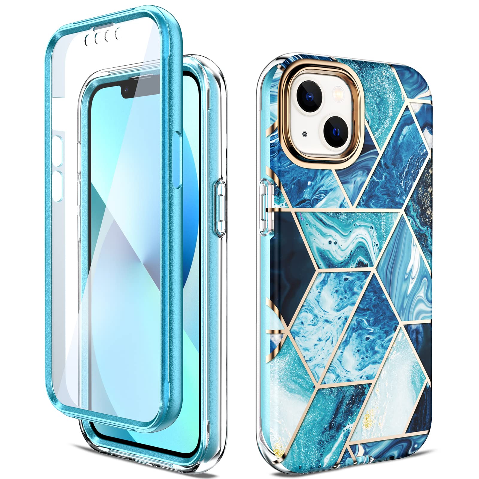 GOLINKMarble Series Case Designed for iPhone 13 6.1 inch (2021 Release), Slim Full Body Stylish Protective Case with Built-in Screen Protector(Blue)