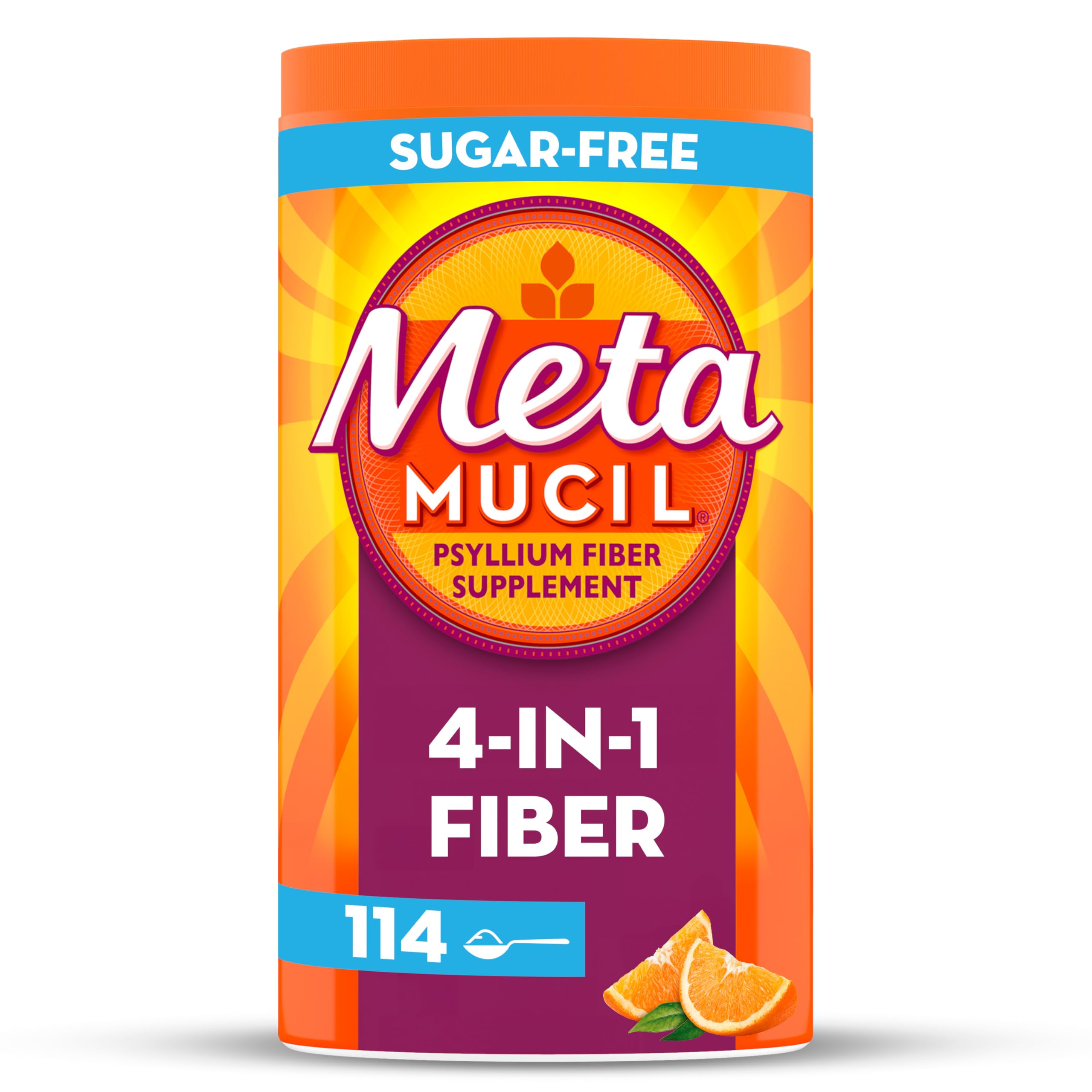 Metamucil Daily Fiber Supplement, Orange Smooth Sugar Free Psyllium Husk Fiber Powder, 114 Doses