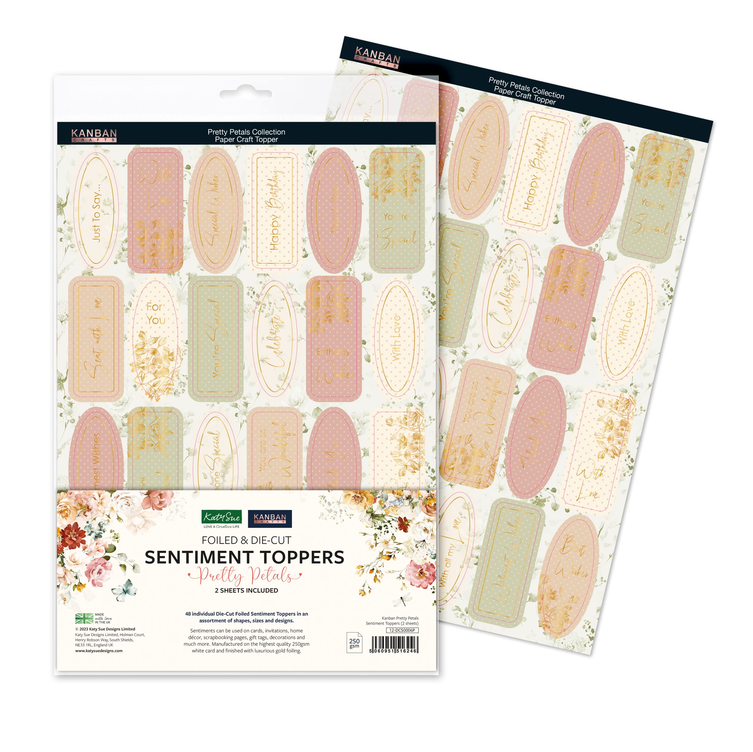 Katy SuePretty Petals Foiled Sentiment Toppers. 2 Sheets Containing 48 Pretty Petals Die-Cut Sentiment Card Toppers for Card Making Supplies from Katy Sue Designs