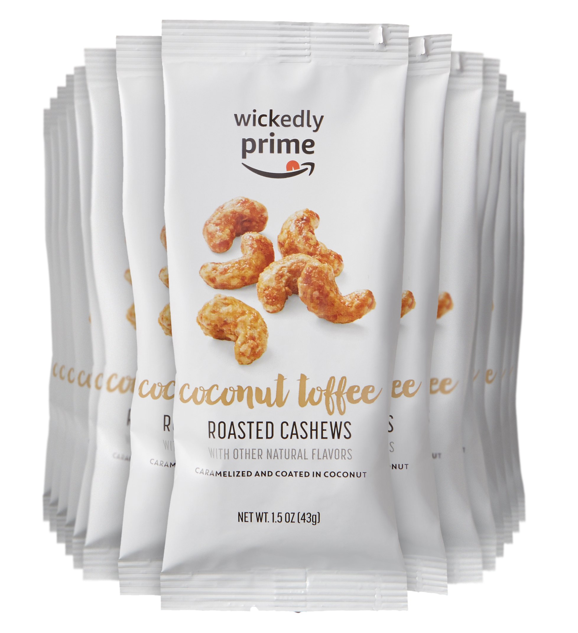 Amazon Brand - Wickedly Prime Roasted Cashews, Coconut Toffee, Snack Pack, 1.5 Ounce (Pack of 15) Package May Vary