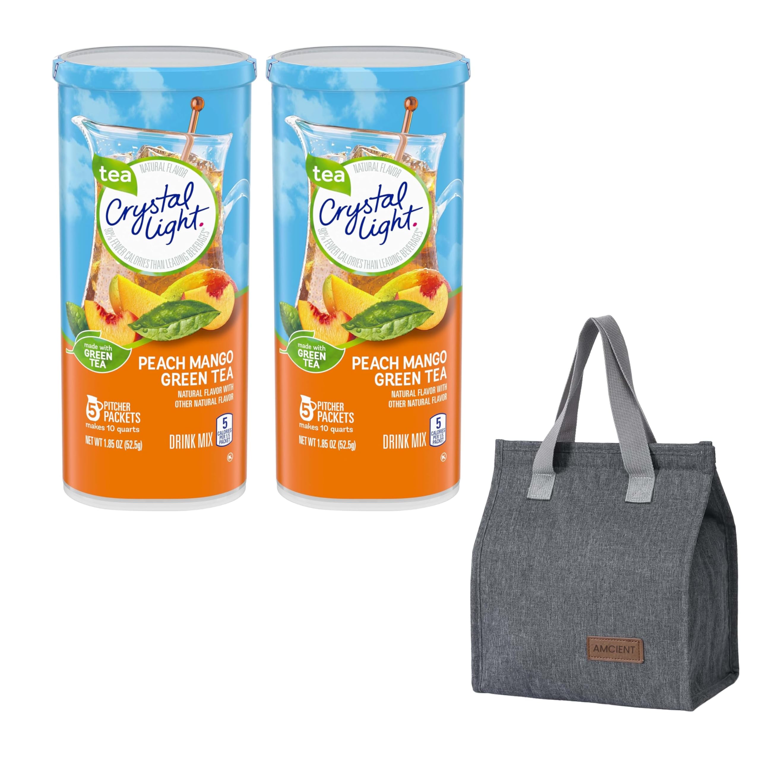 Crystal Light Peach Mango Green Tea Sugar-free Pitcher Packets 2 x 5 Count Bundle With Lunch Bag By AMCIENT