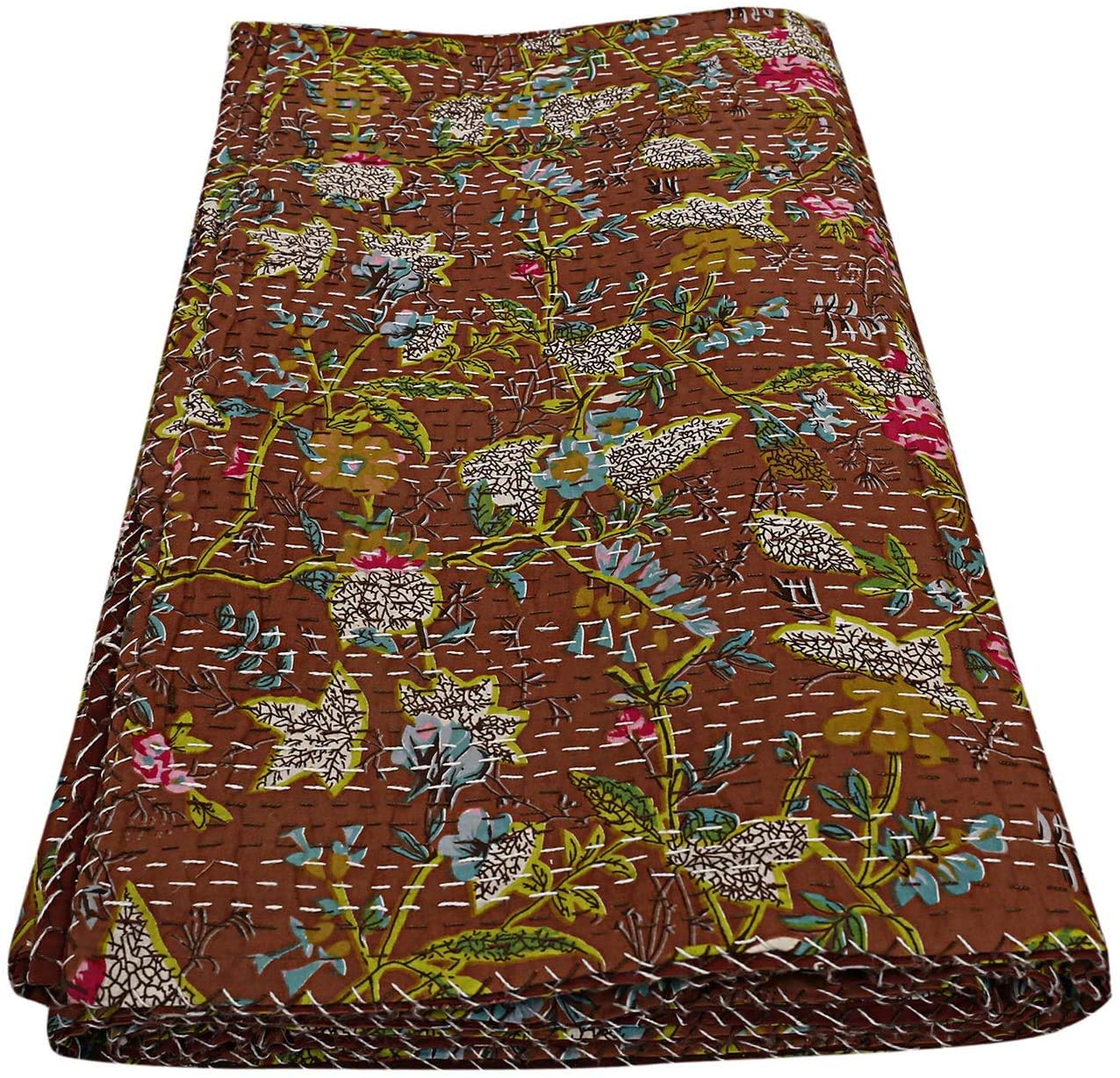 Queen/Twin/King Brown Handmade Kantha Bird of Paradise Print Quilting Kantha Quilt Kantha Blanket Bed Cover Kantha Bedspread Bohemian Bedding Kantha Blanket Throw (90X108 inches)