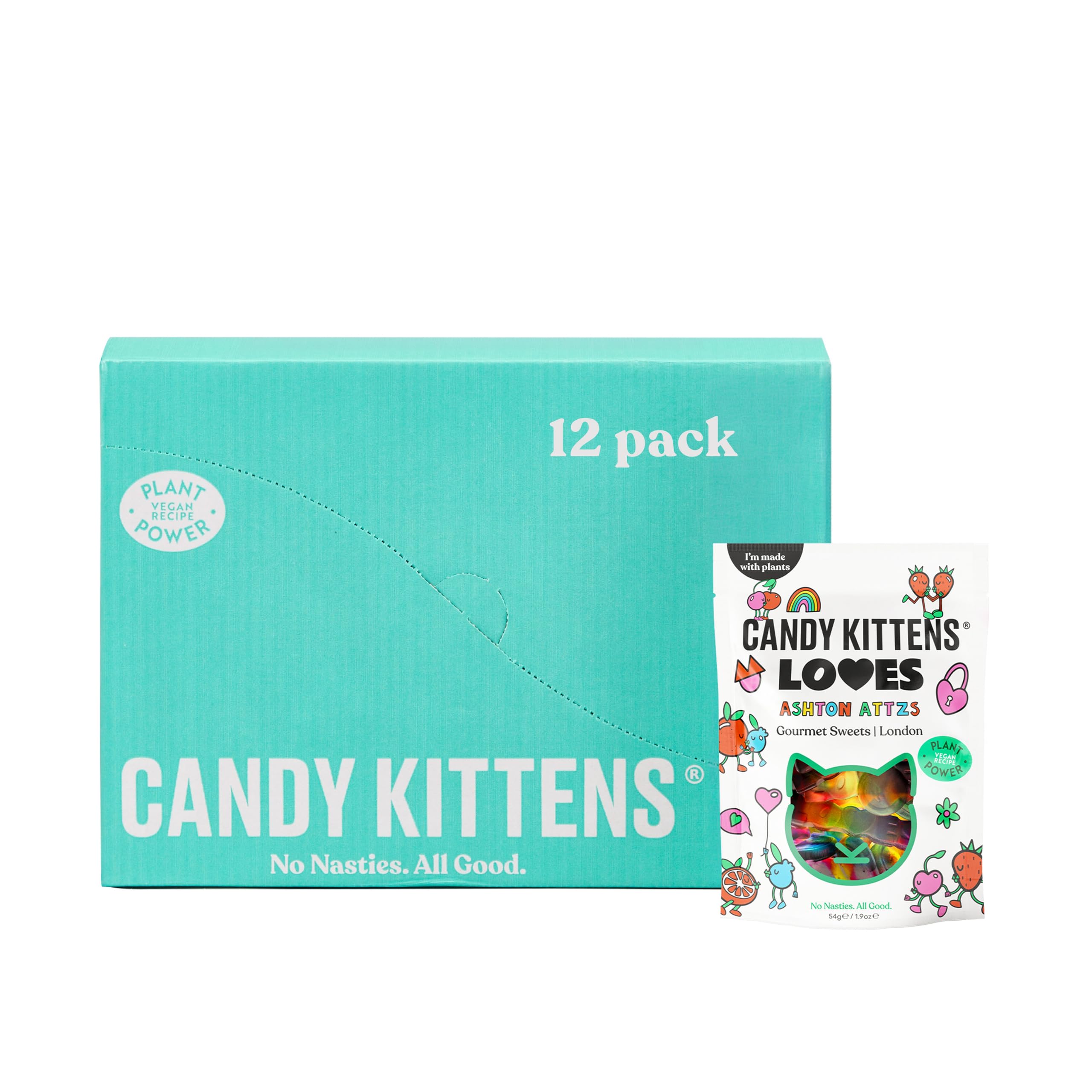 CANDY KITTENSVegan Sweets LOVES (12 x 54g) Rainbow Vegan Jelly Sweet Mix, Gourmet Vegan Sweet Gummy Sweets Naturally Flavoured with Fruit Vegetarian Sweets, Multipack or Vegan Gift