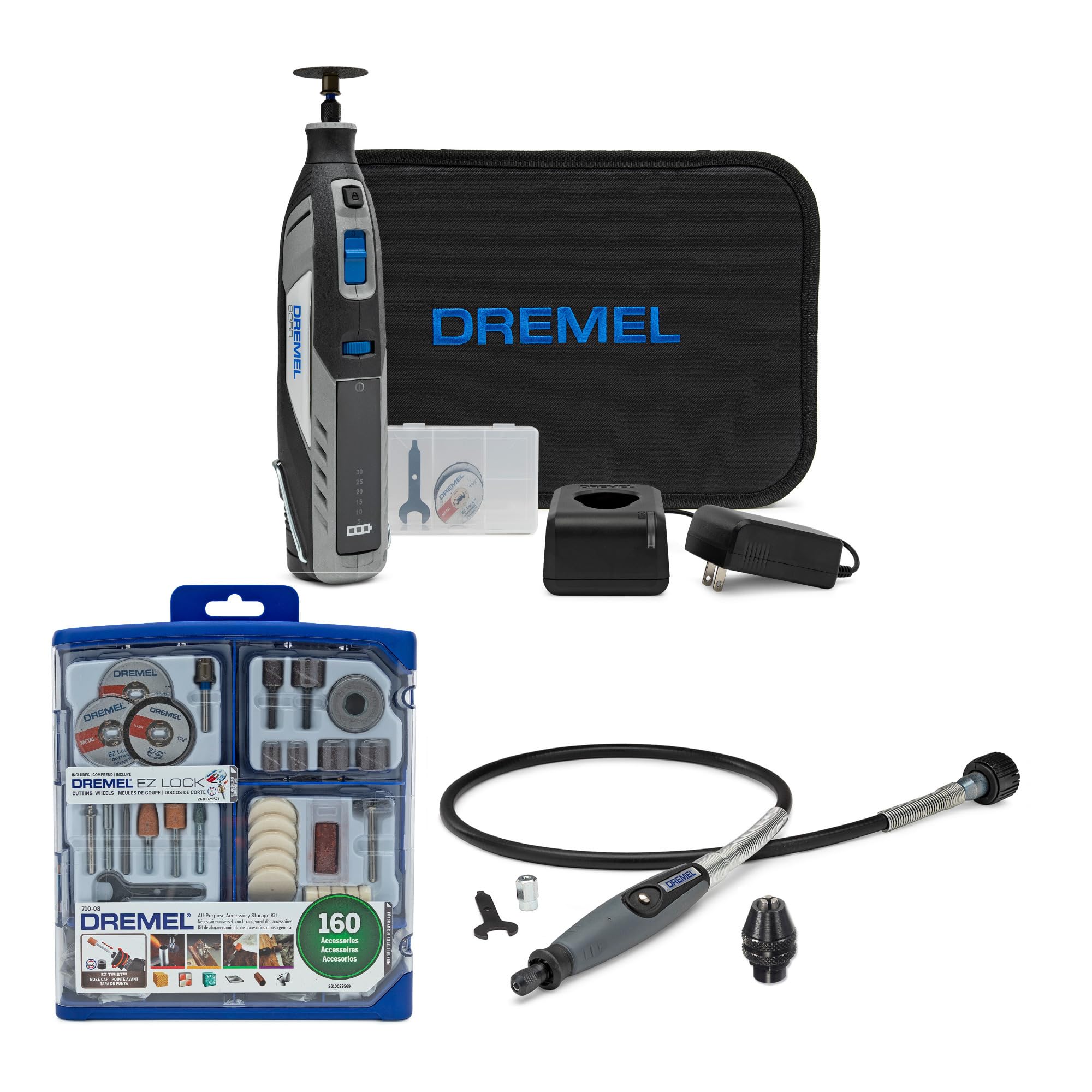 Dremel 8250 12V Lithium-Ion Battery Cordless Rotary Tool with Flex-Shaft, Accessory Kit Bundle (4 Items)