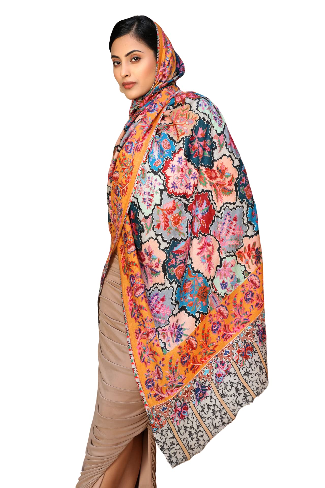 Dusala INDIA Handwoven Pashmina Wool Kalamkari Design Shawl shawl for Women's Soft & Classy Stole