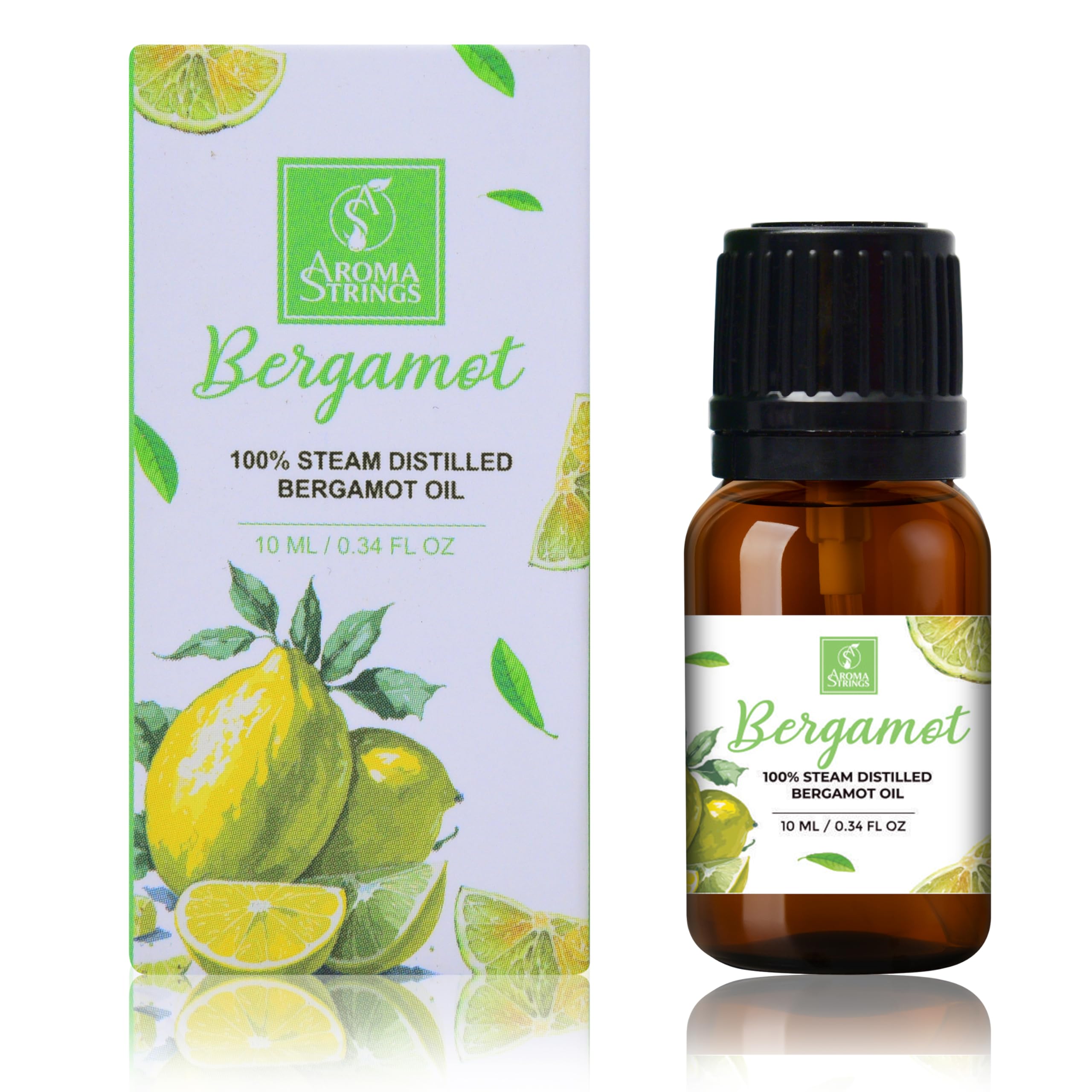 AromaStrings - Bergamot Essential Oil for Mood Enhancement, Skin Care, Aromatherapy | Citrus Bergamia | 100% Pure & Natural | Uplifts Mood, Nourishes Skin | Relaxation, Stress Relief | 10ml Bottle Size for Your Daily Well-Being