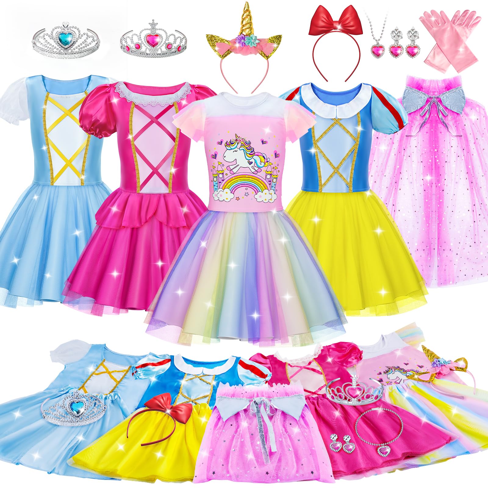 BAHAGULY Princess Costumes for Girls,4 Sets of Princess Dress Up Clothes for Little Girl Fancy Dress Up Clothes for Kids Toddlers Party Birthday Gifts for Girls Age 3-8 Year Old