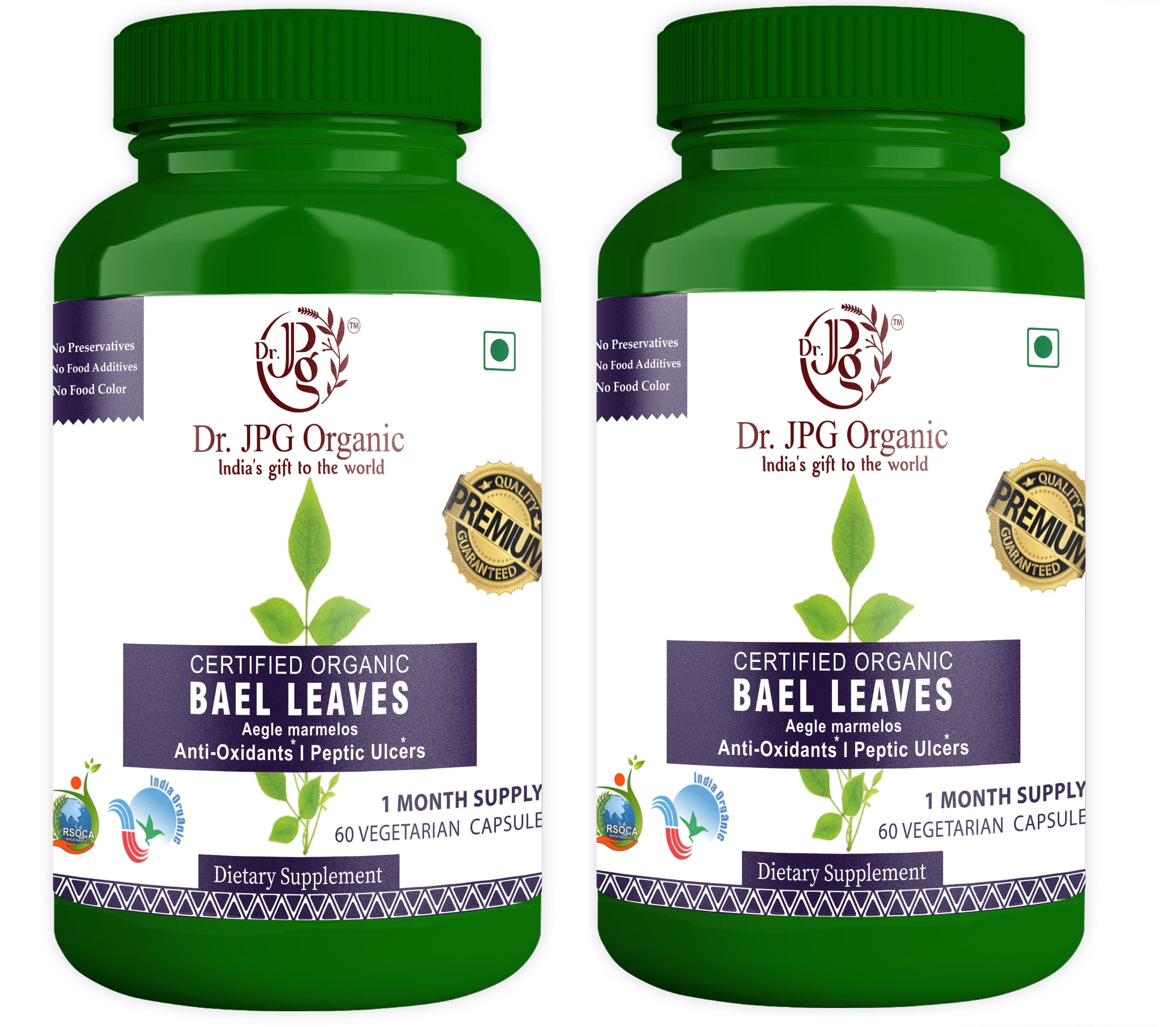 Dr. JPG Organic Bael/Bel Patra Leaves Capsules For Detoxification 60 Veg Capsules | Aegle Marmelos | INDIA ORGANIC Certified (Pack Of 2)