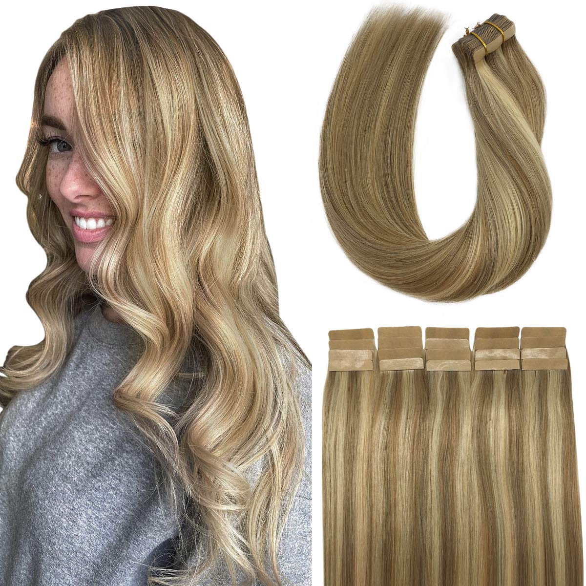 DOORES Human Hair Extensions Tape in Balayage Light Blonde Highlighted Golden Blonde Real Natural Tape in Hair Extensions Silky Straight Hair Skin Weft 20pcs 50g 20 Inch