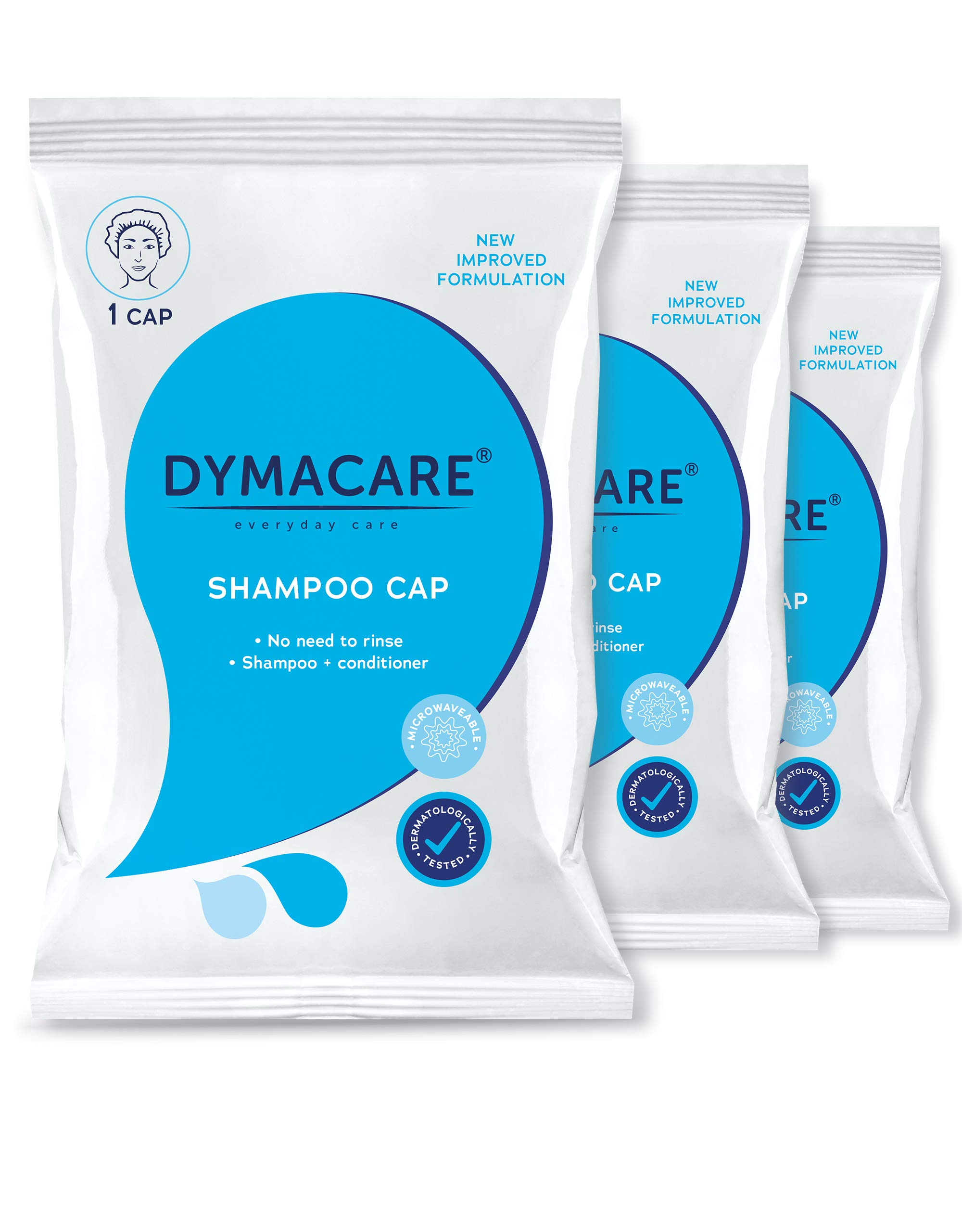 DymacareNo Rinse Shampoo Cap | Rinse Free Shower Cap that Shampoos & Conditions | pH Balanced, Microwaveable, No Rinse Waterless Hair Wash | 3 Caps