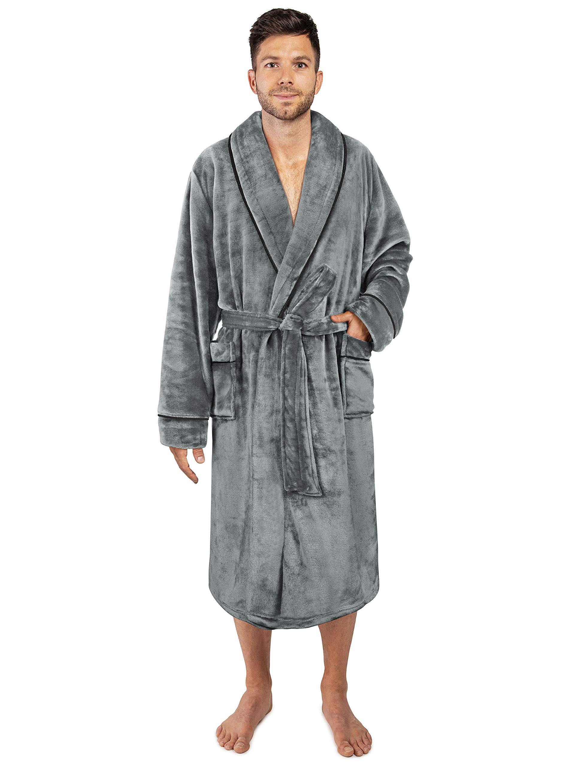 Mens Fleece Robe | Soft Warm Bathrobe for Men Plush Spa Robe with Piping