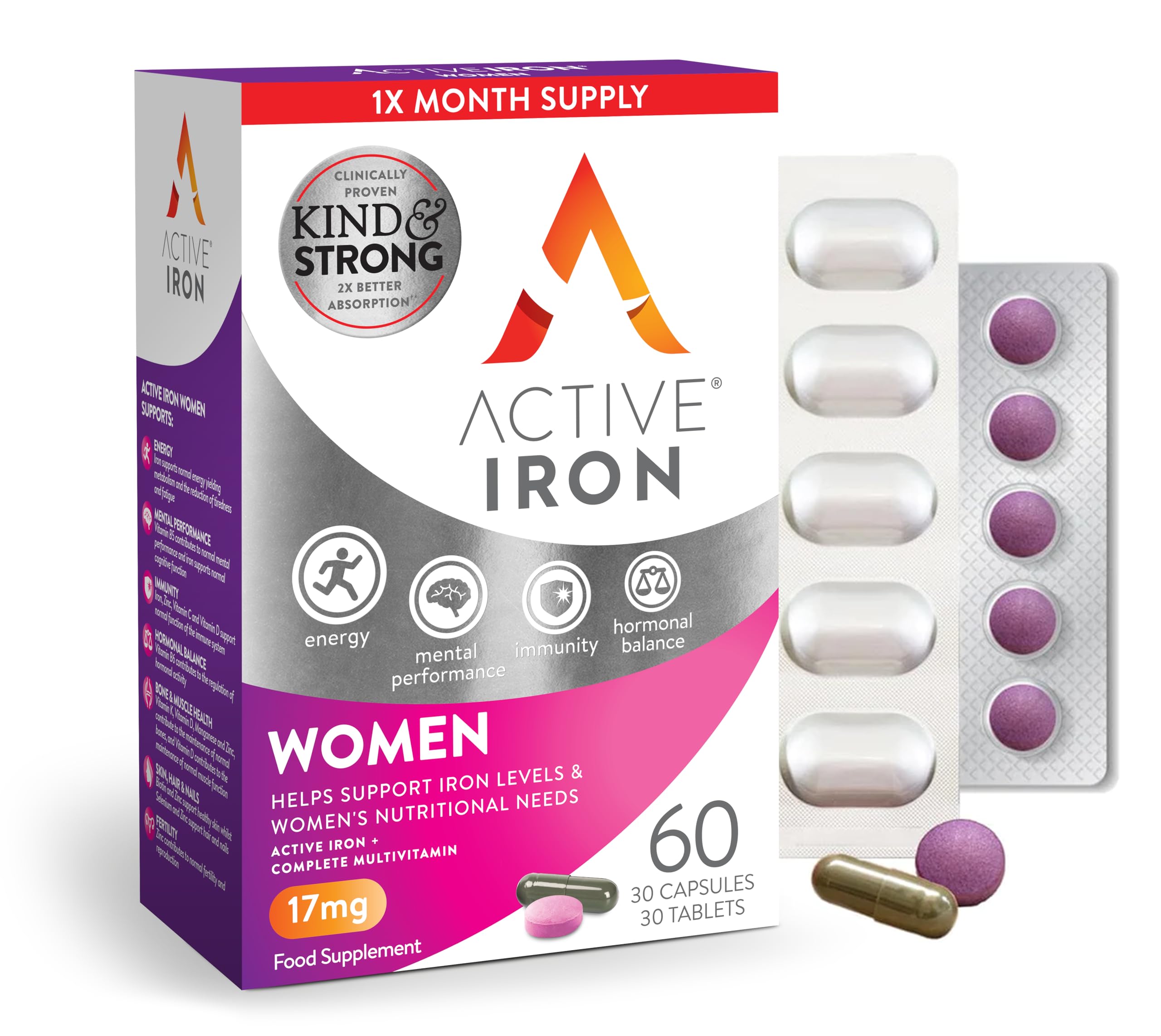 Active Iron Women with Active Multivitamin | 30 Iron Capsules & 30 Active Multivitamins | Iron Supplement | High Strength B Vitamins | Non-Constipating | 1-Month Supply