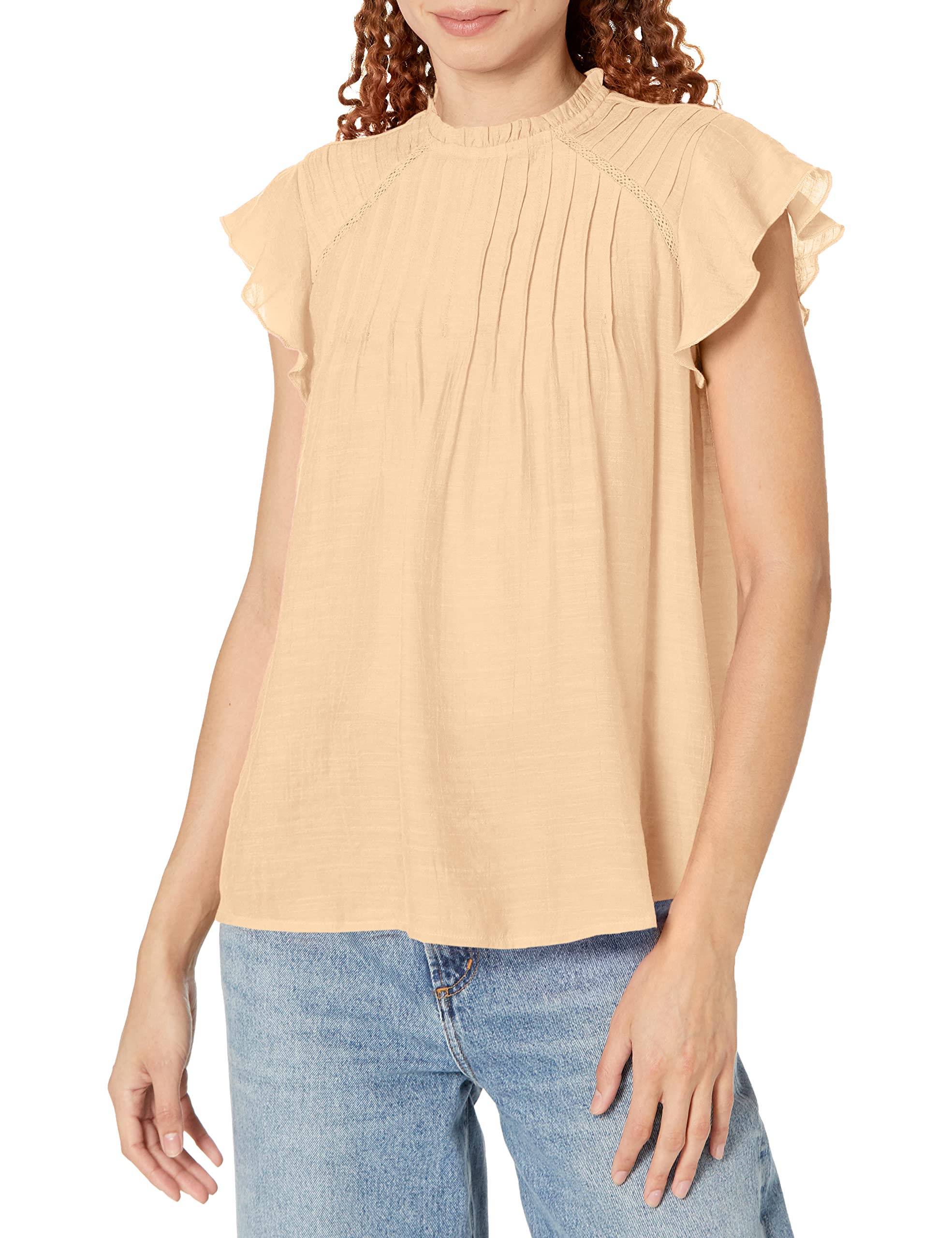 Nanette Nanette LeporeWomen's Short Sleeve High Ruffle Neck Woven Top with Pintuck Details