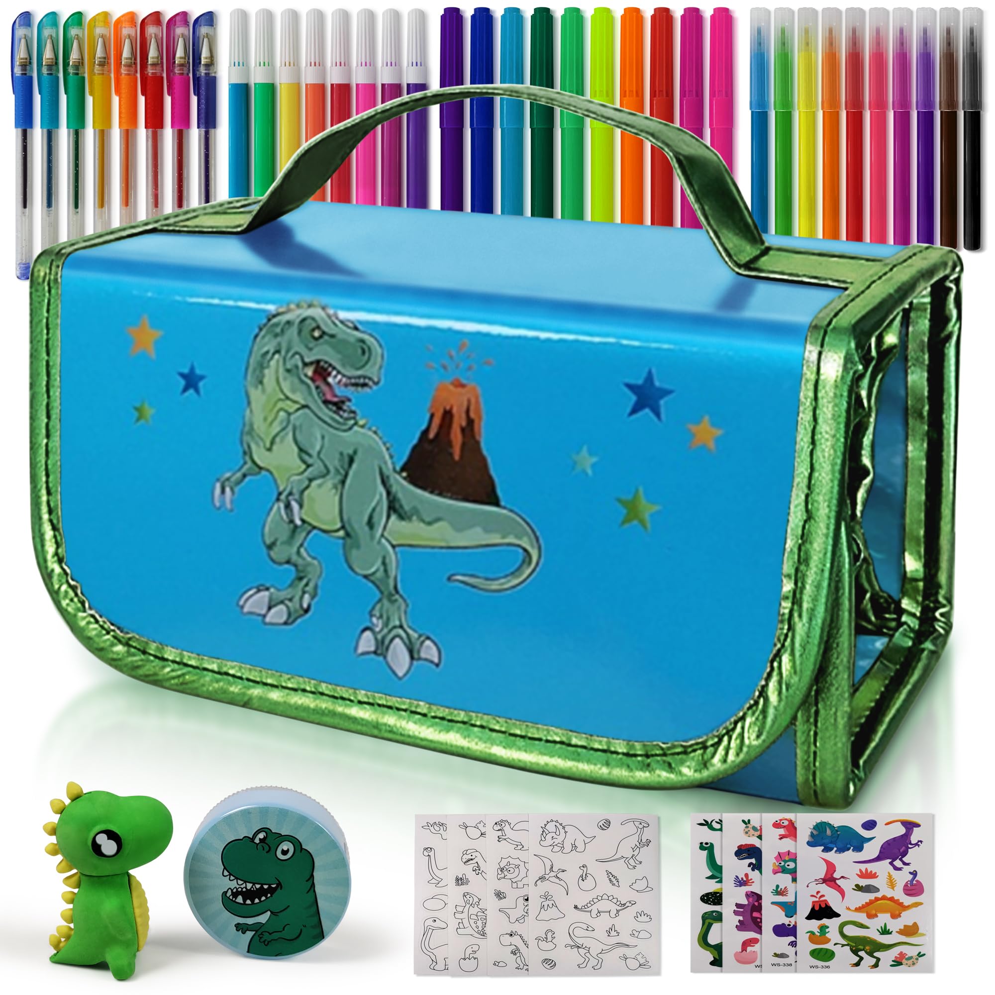 Dinosaur Pencil Case with Fruit Scented Markers Art Set, Dinosaur Gifts for Boys Ages 3 4 5 6 7 8 9 Years and Up, Dinosaur Toys, Dino Coloring Art Supplies, Birthday Boy Present & Kids