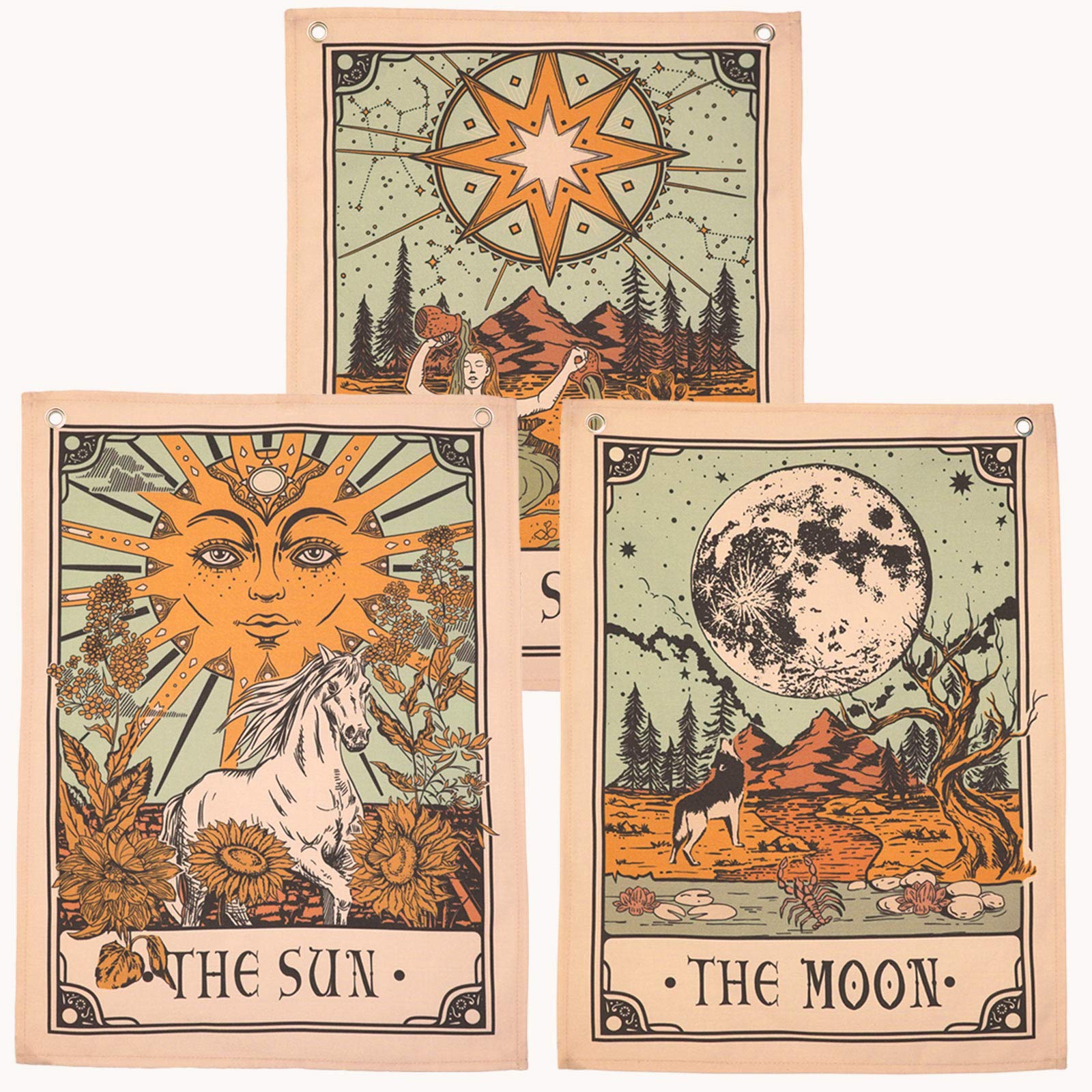 Accnicc 3 Pack Tarot Tapestry, Sun Moon and Star Tarot Card Tapestry, Brown and Beige Tapestry Wall Hanging, Vertical Vintage Aesthetic Wall Tapestry for Room with Steel Grommets (Brown, 20'' × 27'')