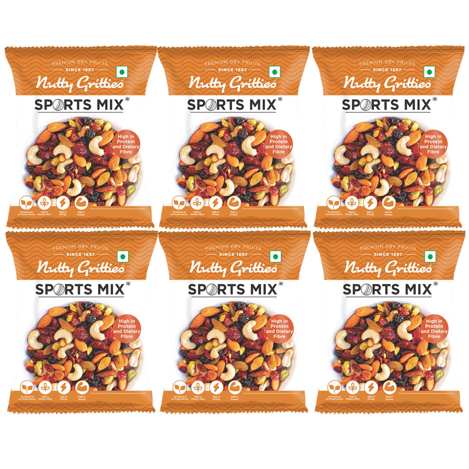 Nutty Gritties Sports Mix - Roasted Almonds, Cashews, Pistachios, Dried Blueberries, Cranberries and Raisins - 180g (Pack Of 6 x 30g Each)