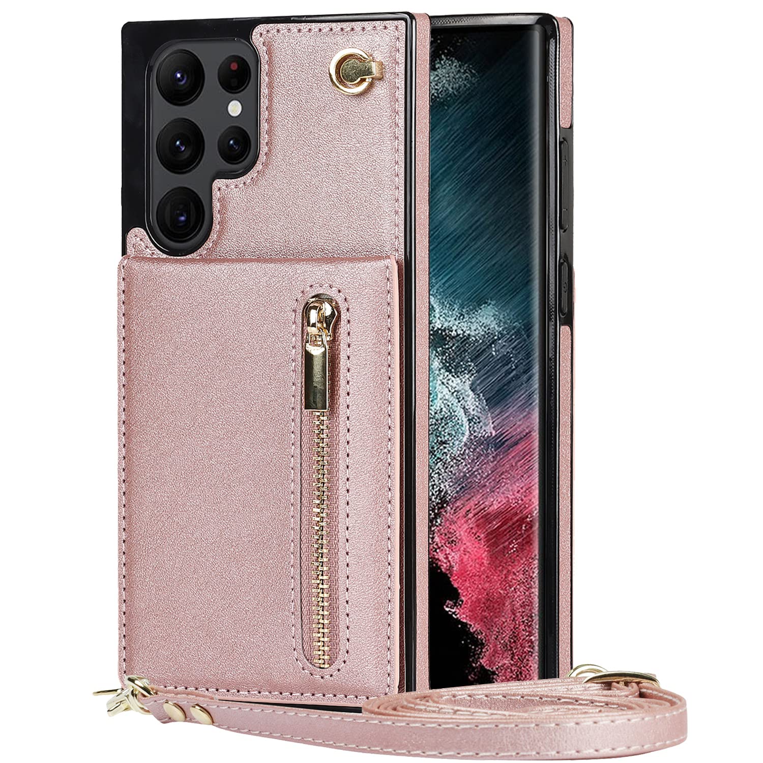 SZHAIYU Leather Wallet Purse for Samsung Galaxy S22 Ultra 5G Crossbody Case with Strap Lanyard Credit Card Holder 6.8'' Kickstand Flip Cover (Pink)