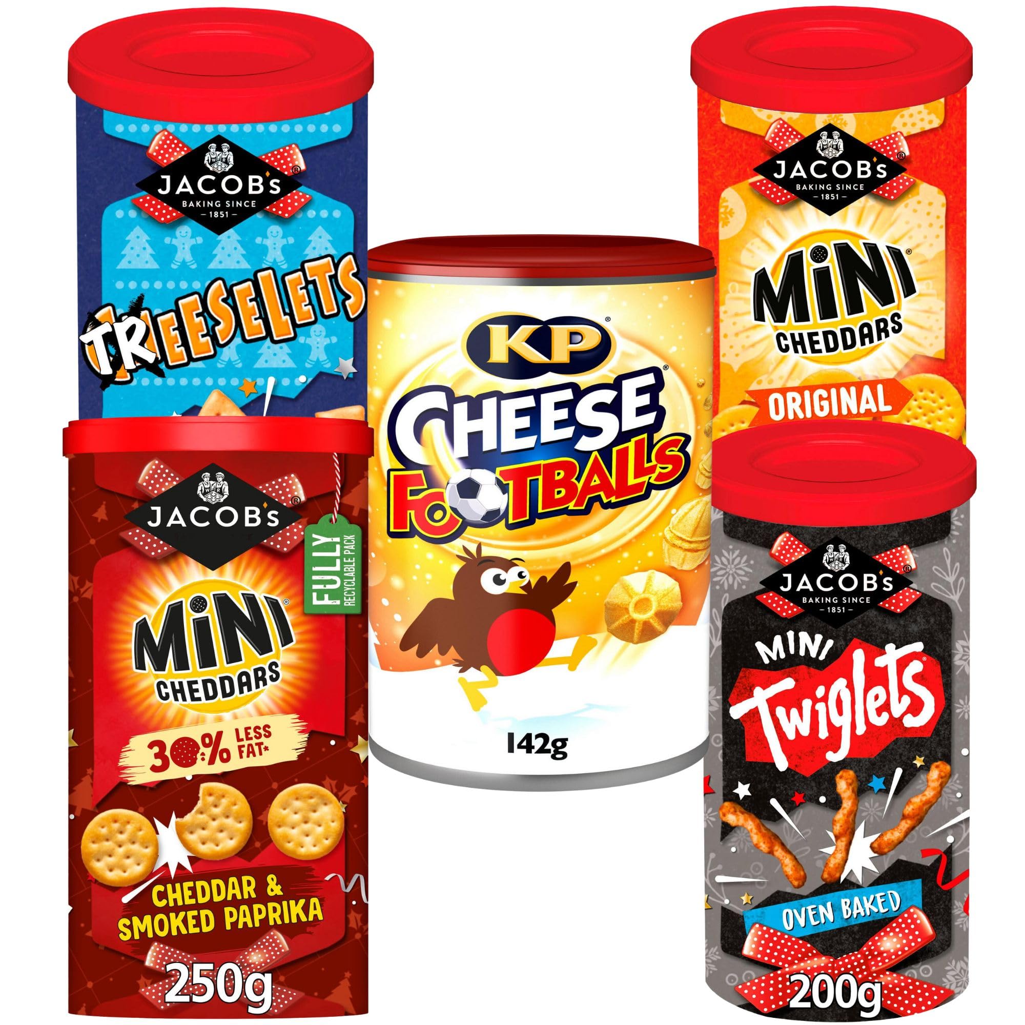 KP & Jacobs Christmas Snack Tins Mixed Bundle - Treeselets 280g, Mini Cheddar & Smoked Paprika 250g, Cheese Footballs 142g, Mini Cheddar Original 260g and Twiglets 200g (5 Pack)